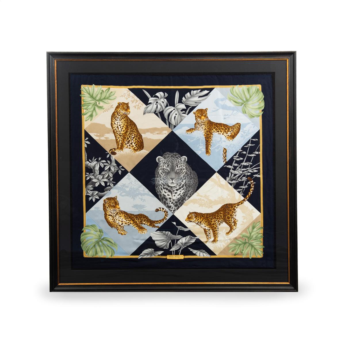 Framed Salvatore Ferragamo Leopard Silk Scarf This wonderful square silk scarf by Salvatore Ferragamo features 5 leopards in various poses. This motif of exotic animals printed in detail (as opposed to the floral “patchwork’) is a classic of