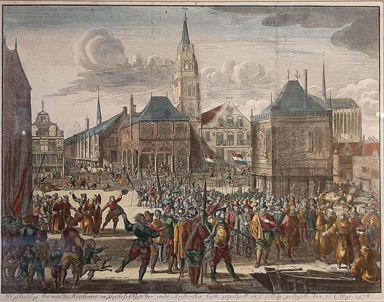 Framed Scene of the Alteration of Amsterdam, Dam square, The Netherlands, c.1720 In Good Condition For Sale In Langweer, NL