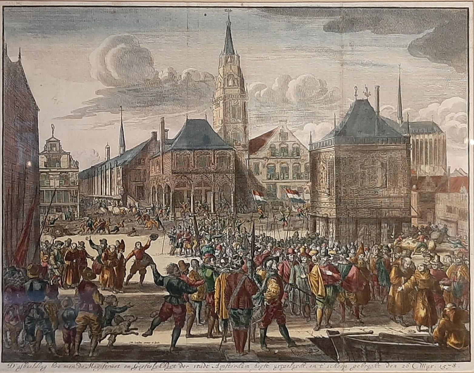 Scena incorniciata dell'alterazione di Amsterdam, piazza Dam, Paesi Bassi, 1720 ca. In condizioni buone in vendita a Langweer, NL
