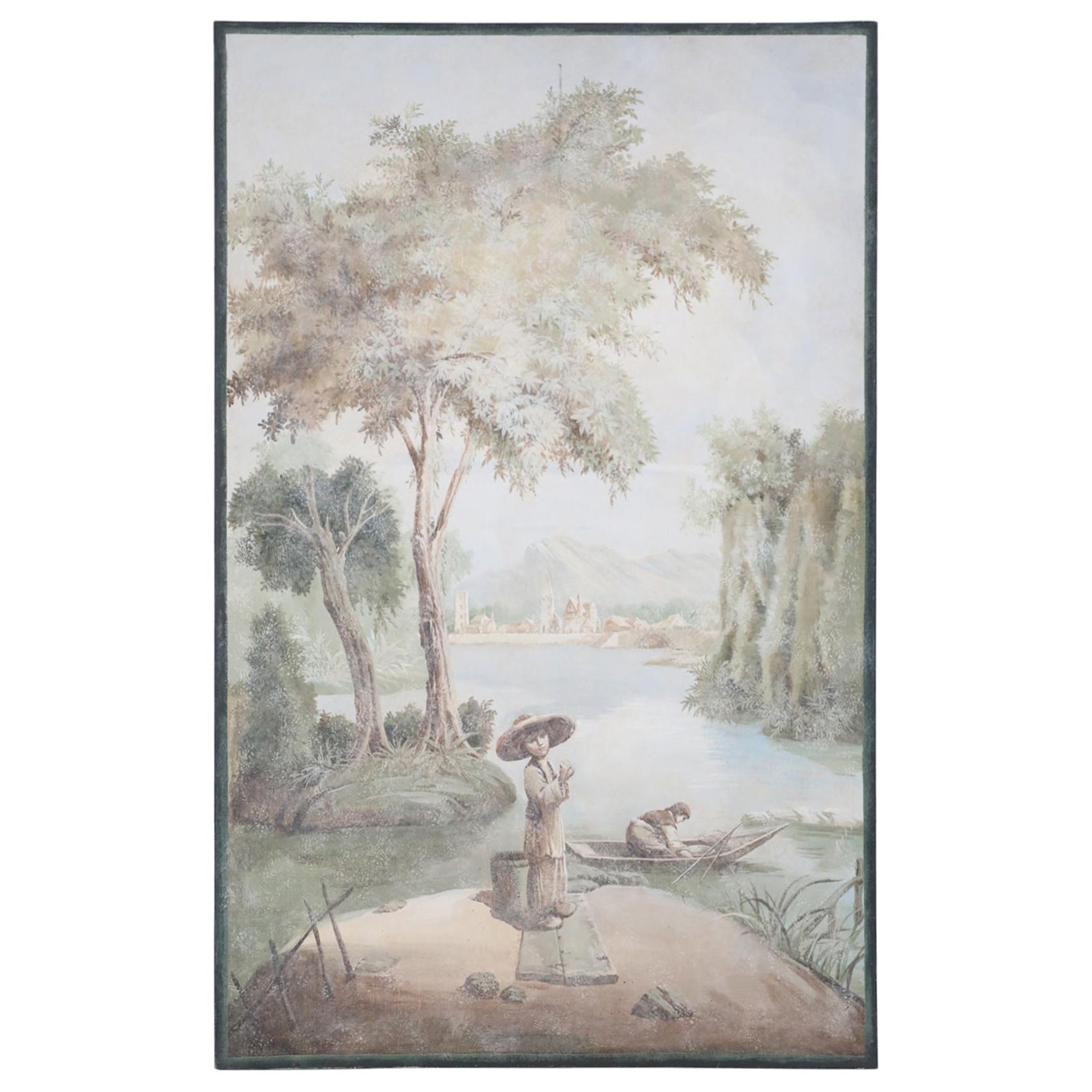 Framed Seascape Genre Painting of Fishermen Next to a Lake