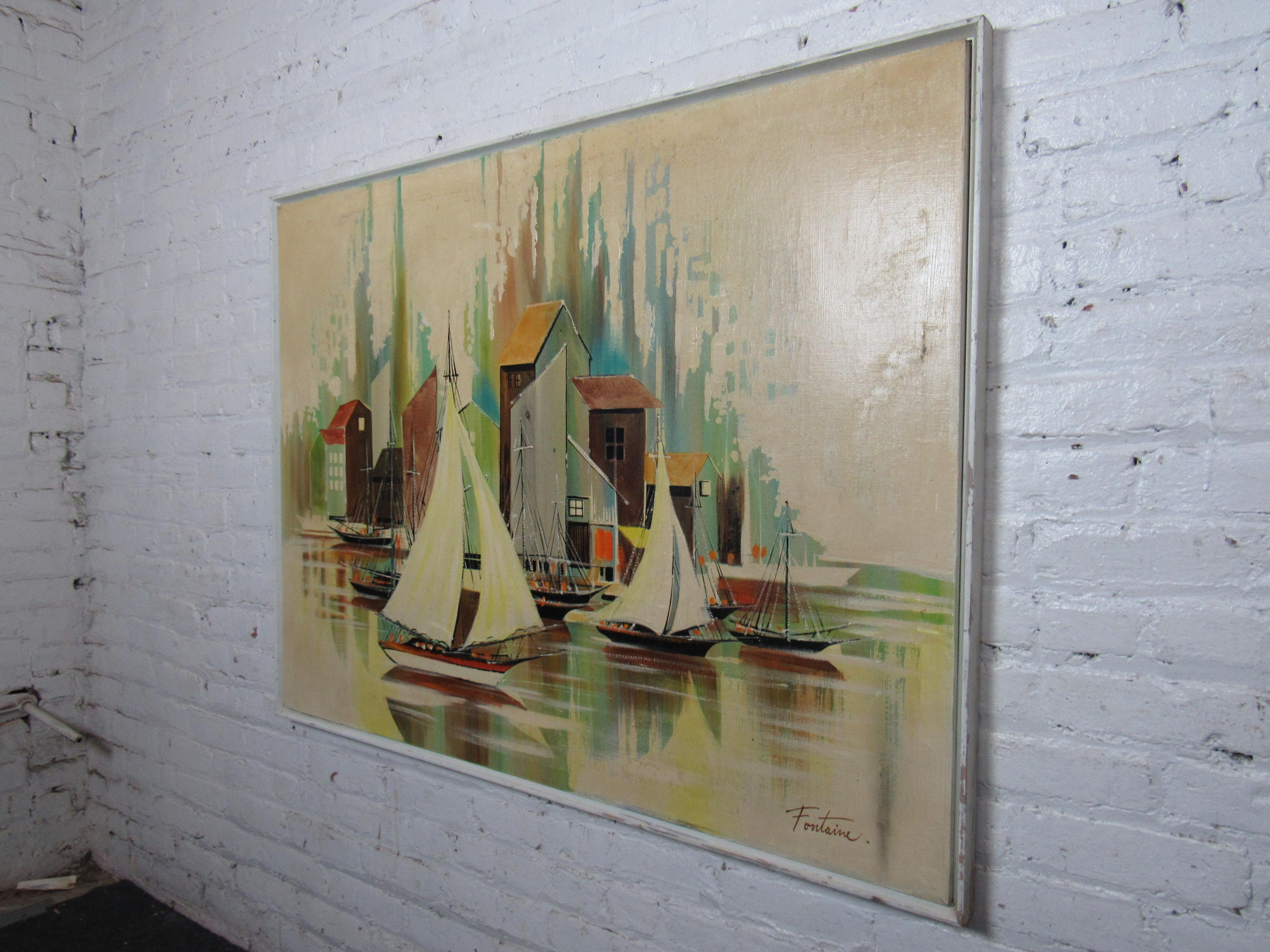 A large framed painting of a coastal scene depicted in loose brushstrokes and a lively color palette. Please confirm item location with seller (NY/NJ).