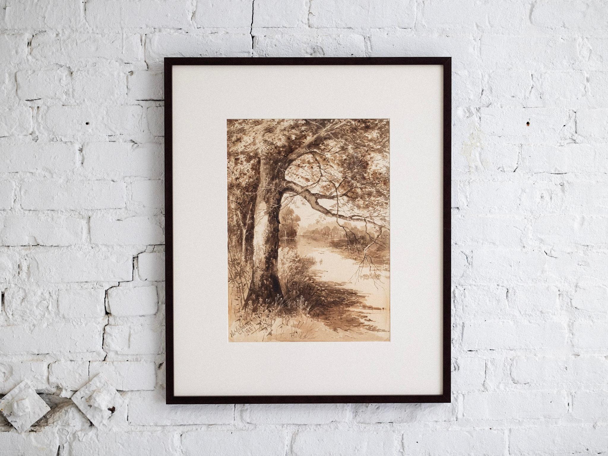 A framed original watercolor landscape painting. Sepia tone watercolor depicting a tree alongside a riverbank. Illegible signature, dated 1887. Professionally framed and matted with acid free paper and museum quality, non- reflective, UV protective