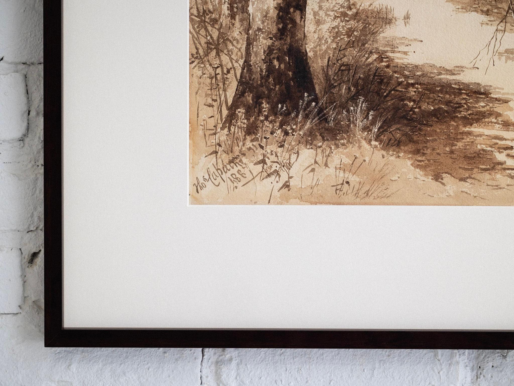 Folk Art Framed Sepia Tone Watercolor Landscape, 1887 For Sale