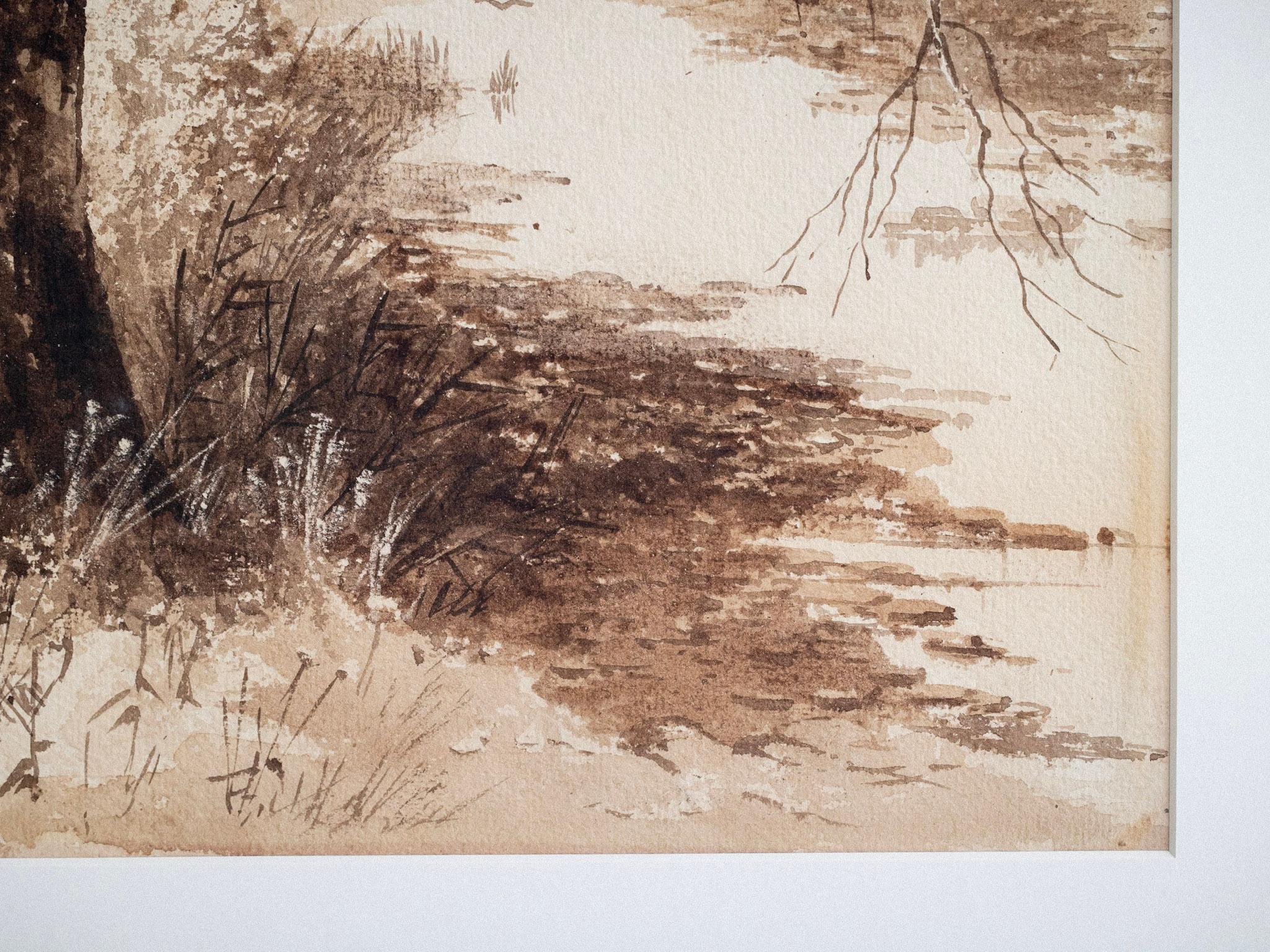 Glass Framed Sepia Tone Watercolor Landscape, 1887 For Sale