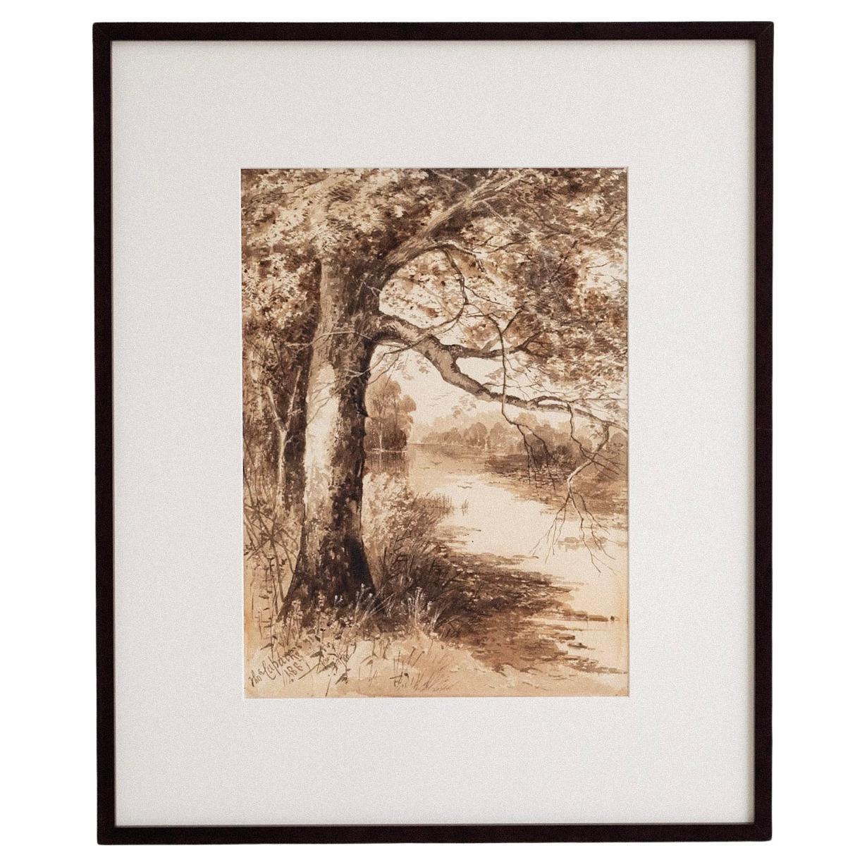 Paisaje en acuarela en tono sepia enmarcado, 1887