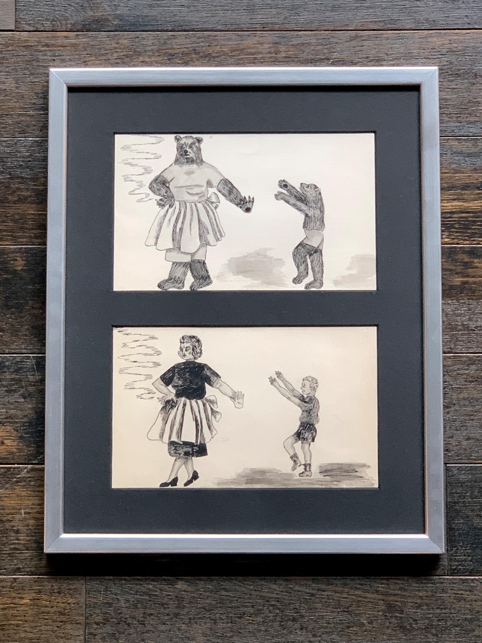 This series of framed vintage pen and ink drawings on paper depicts a curious relationship between two groups of parent-and-child figures who seem to mirror each other. Each frame presents two drawings: at top are mother bear and child bear; below