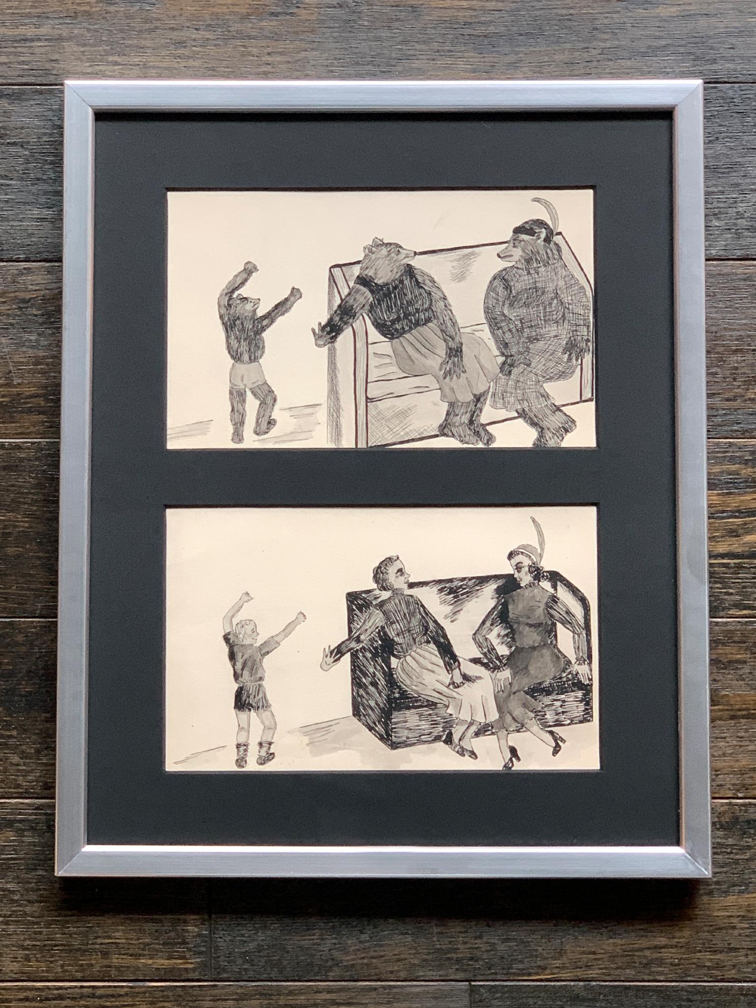Hand-Painted Framed Series of Odd & Disturbing Pen & Ink Drawings - A Set of 10 For Sale