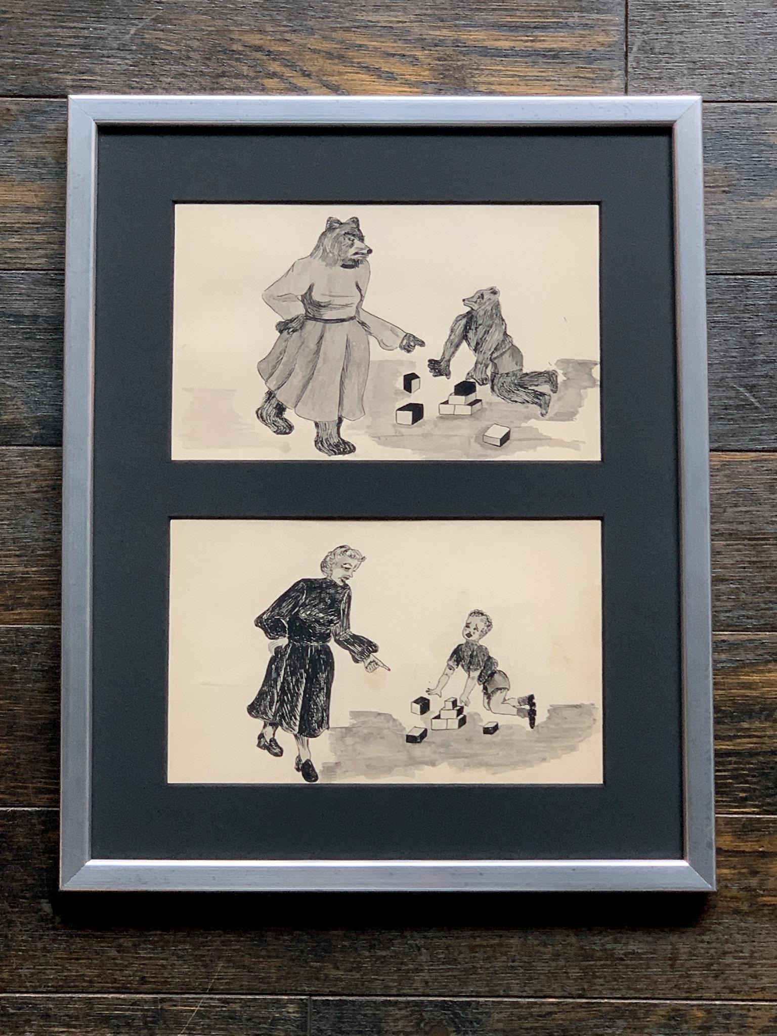 20th Century Framed Series of Odd & Disturbing Pen & Ink Drawings - A Set of 10 For Sale