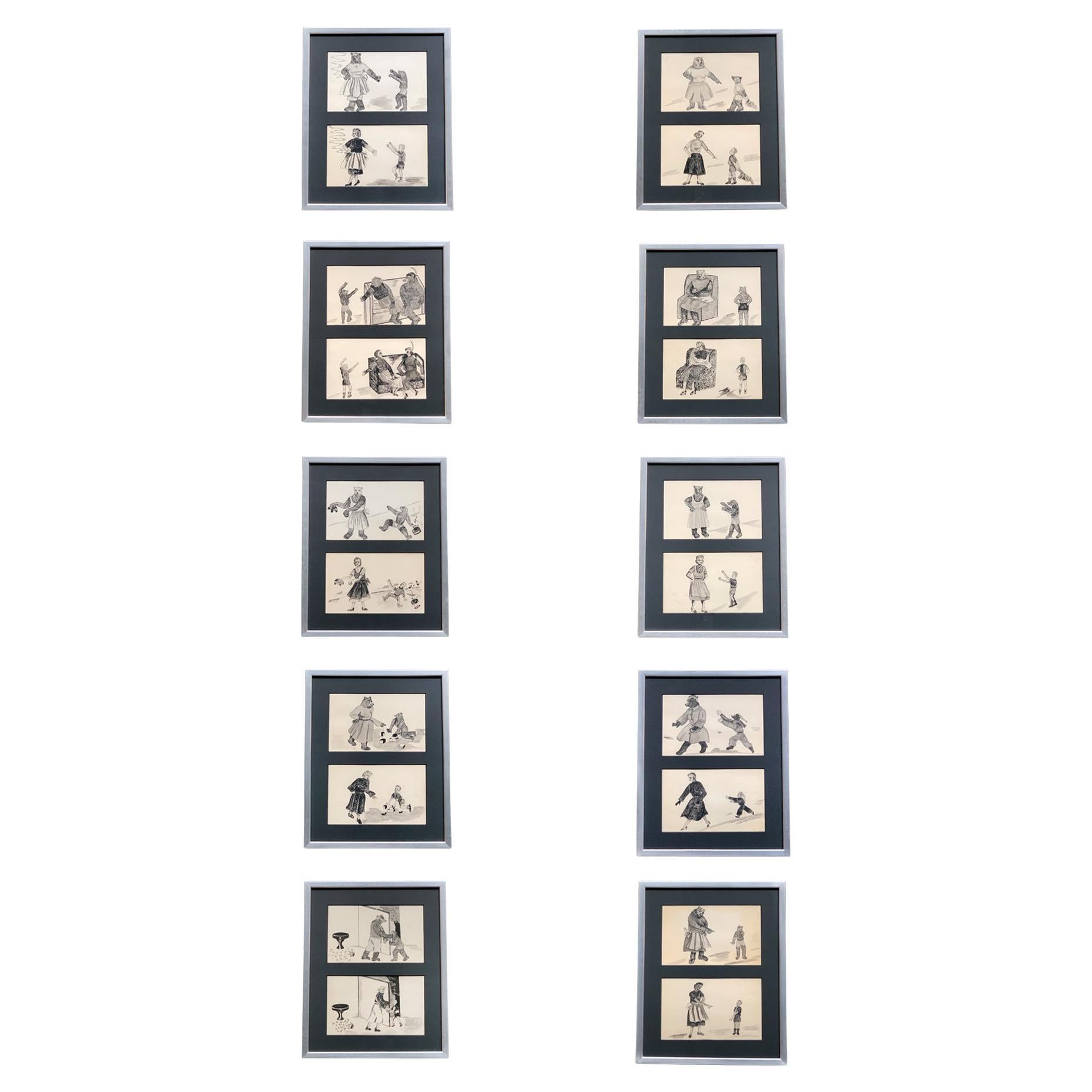 Framed Series of Odd & Disturbing Pen & Ink Drawings - A Set of 10 For Sale