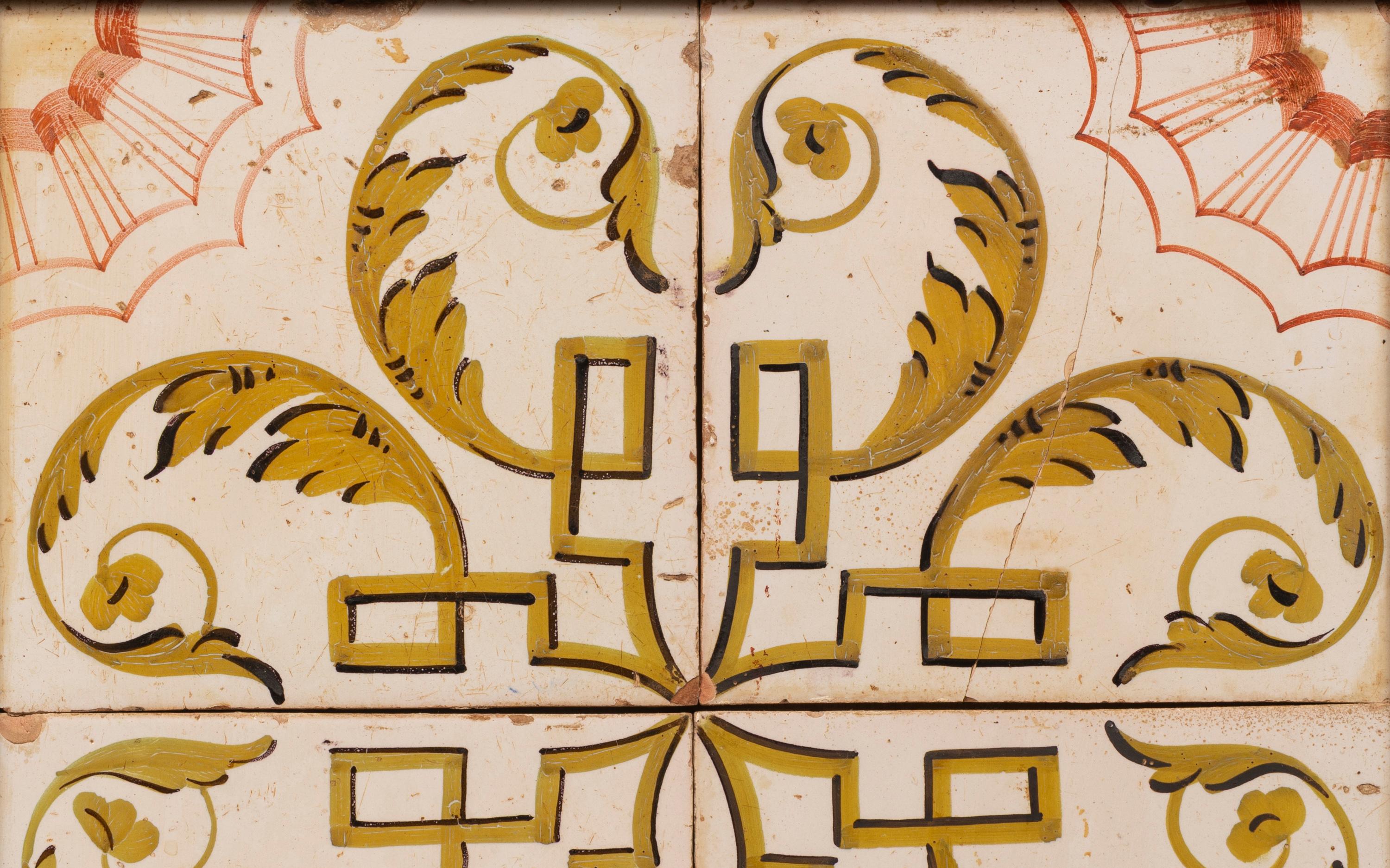 Dieses professionell gerahmte Set aus vier spanischen Fliesen (azulejos
