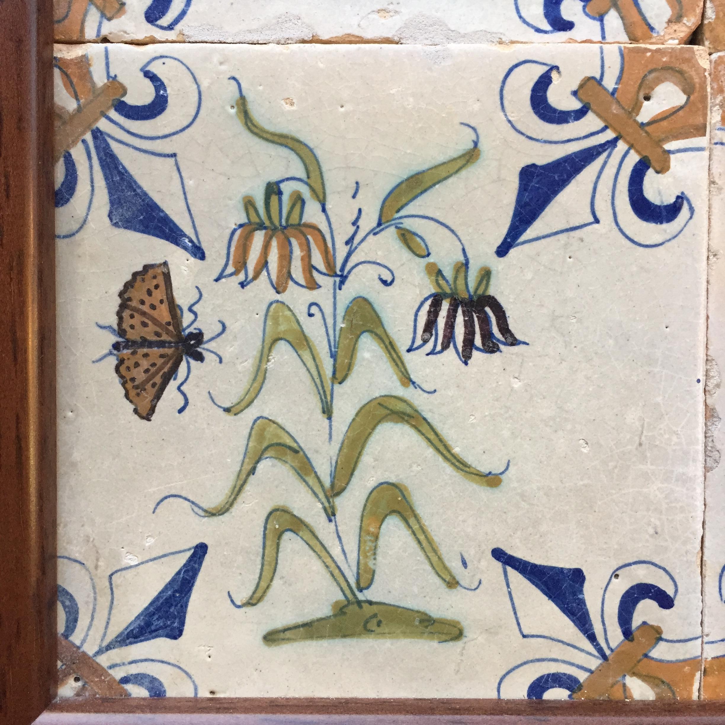 Framed Set of 4 Polychrome Dutch Delft Tiles with Flowers In Fair Condition For Sale In AMSTERDAM, NH