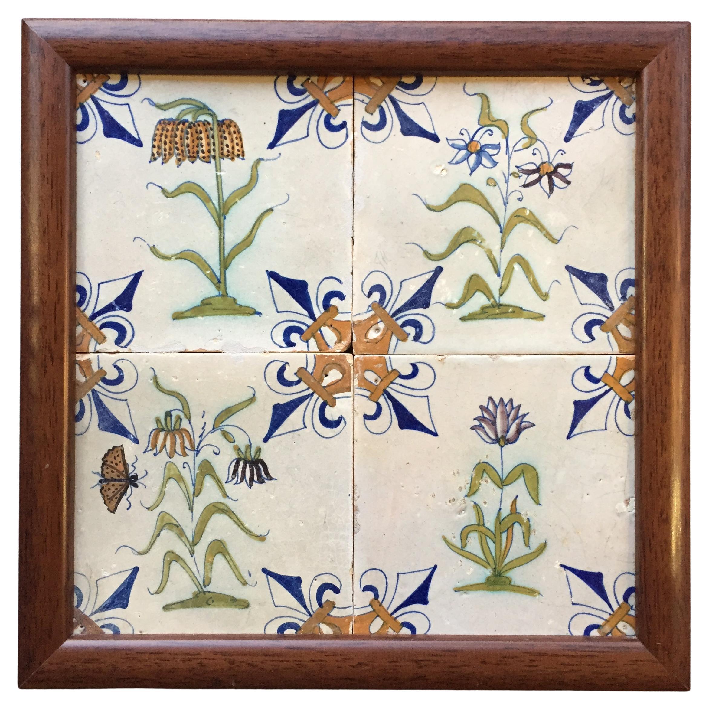 Framed Set of 4 Polychrome Dutch Delft Tiles with Flowers For Sale