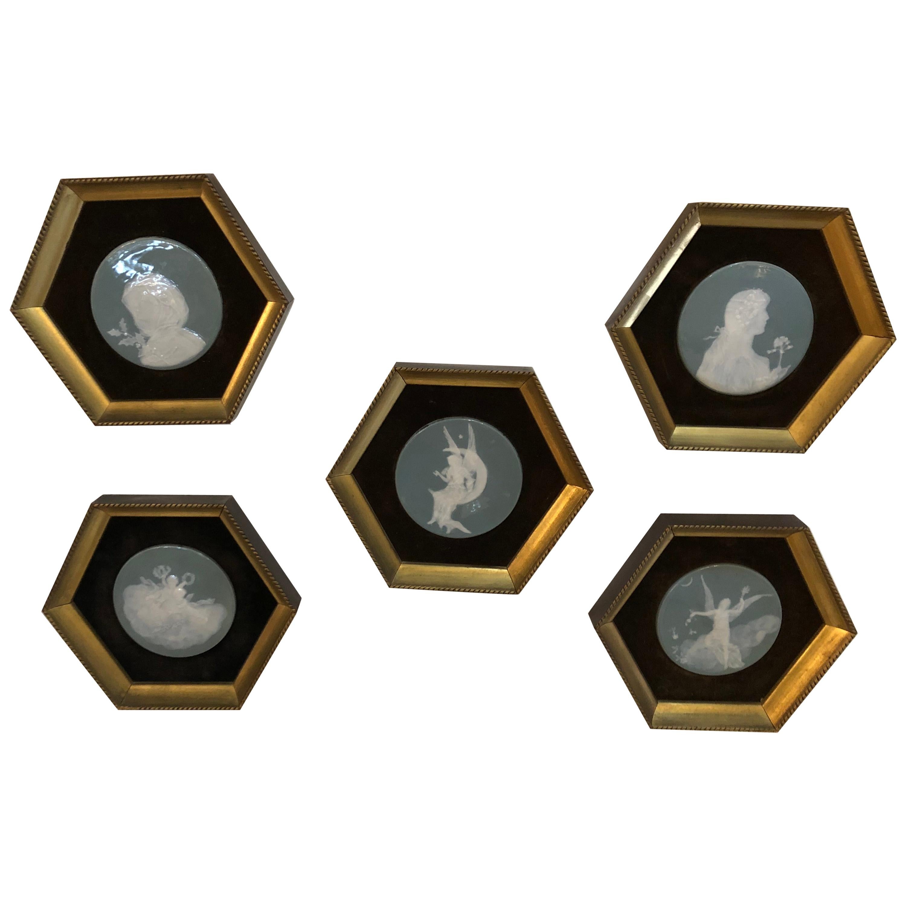 Framed Set of 5 Pastel Blue and White Medallions in Pate Sur Pate Style For Sale
