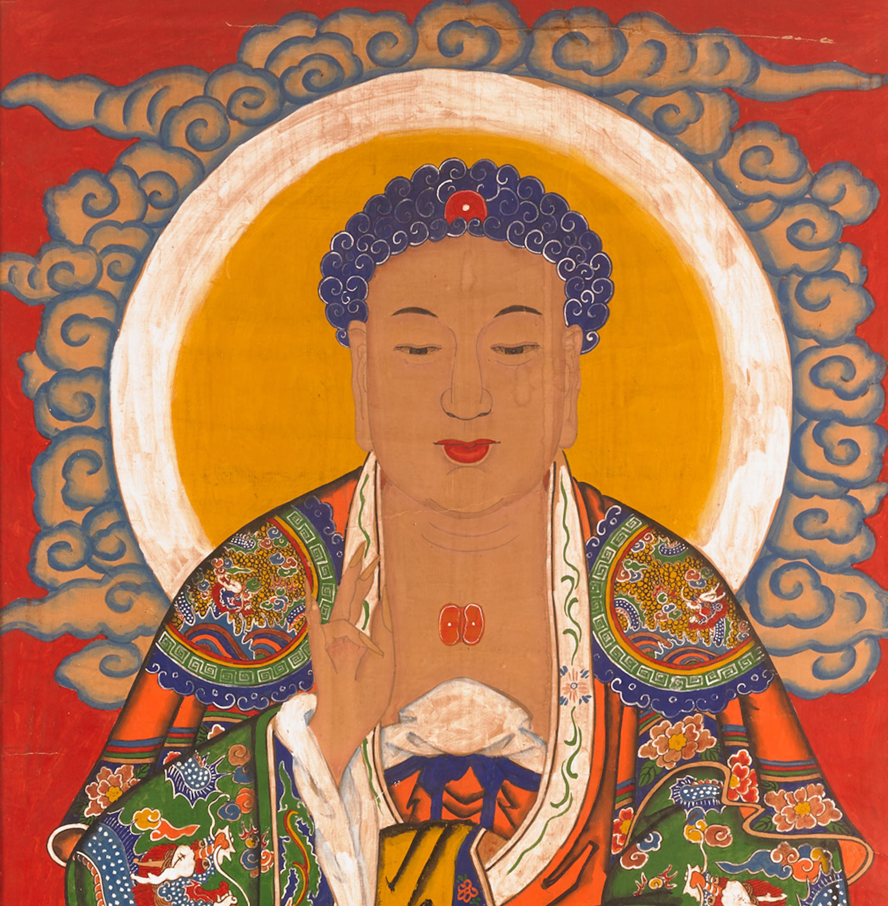 Gerahmtes Shakyamuni Buddha Thangka-Gemälde, Buddha Thangka (Tibetisch) im Angebot