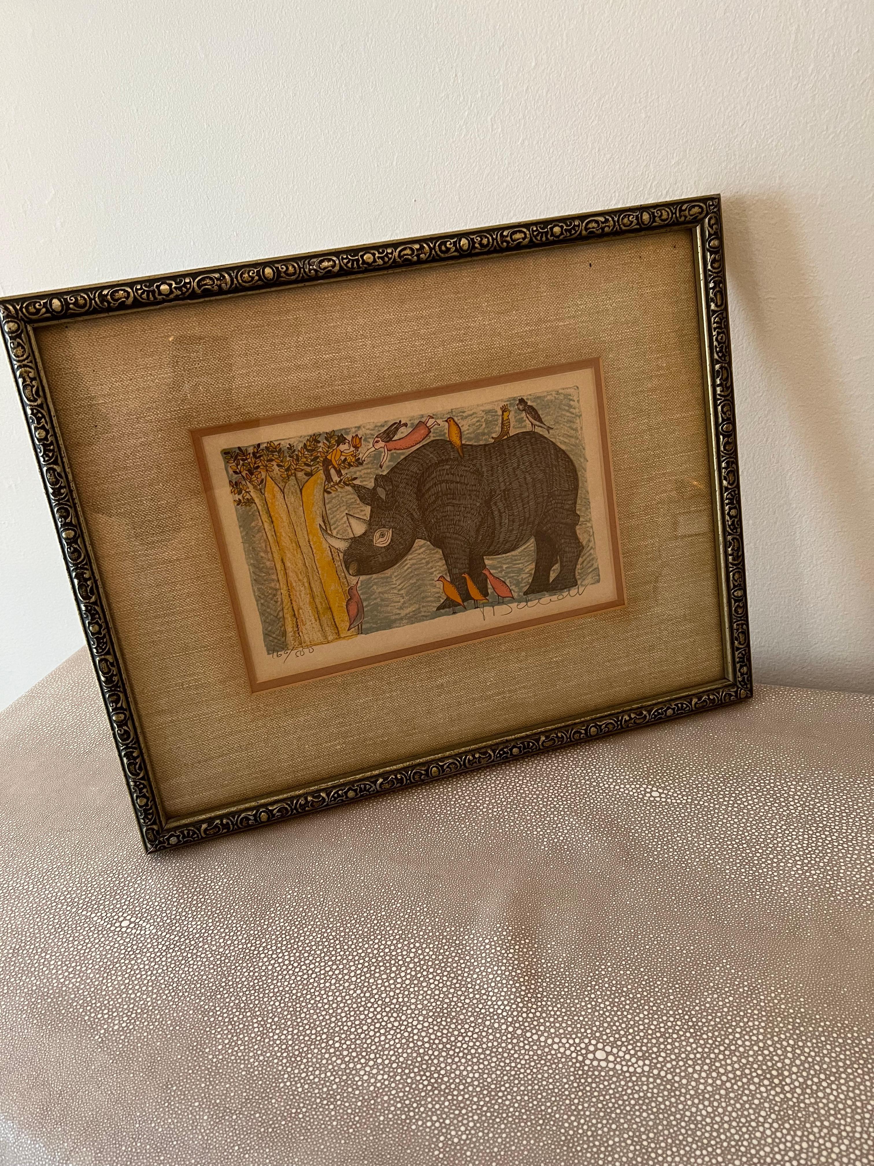 Lithographie « The Rhino » encadrée et signée Deberdt  Bon état à Los Angeles, CA