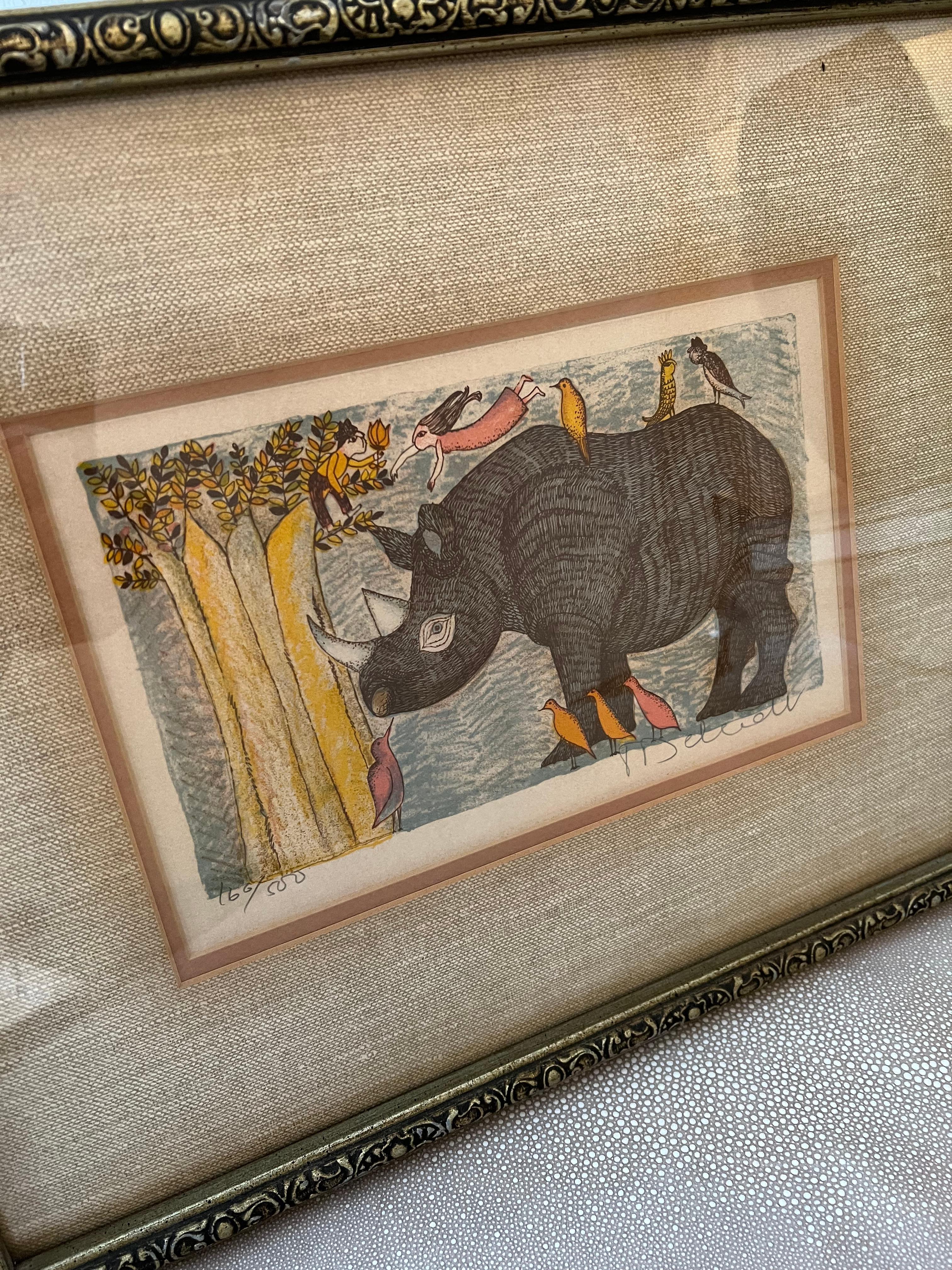 20ième siècle Lithographie « The Rhino » encadrée et signée Deberdt 