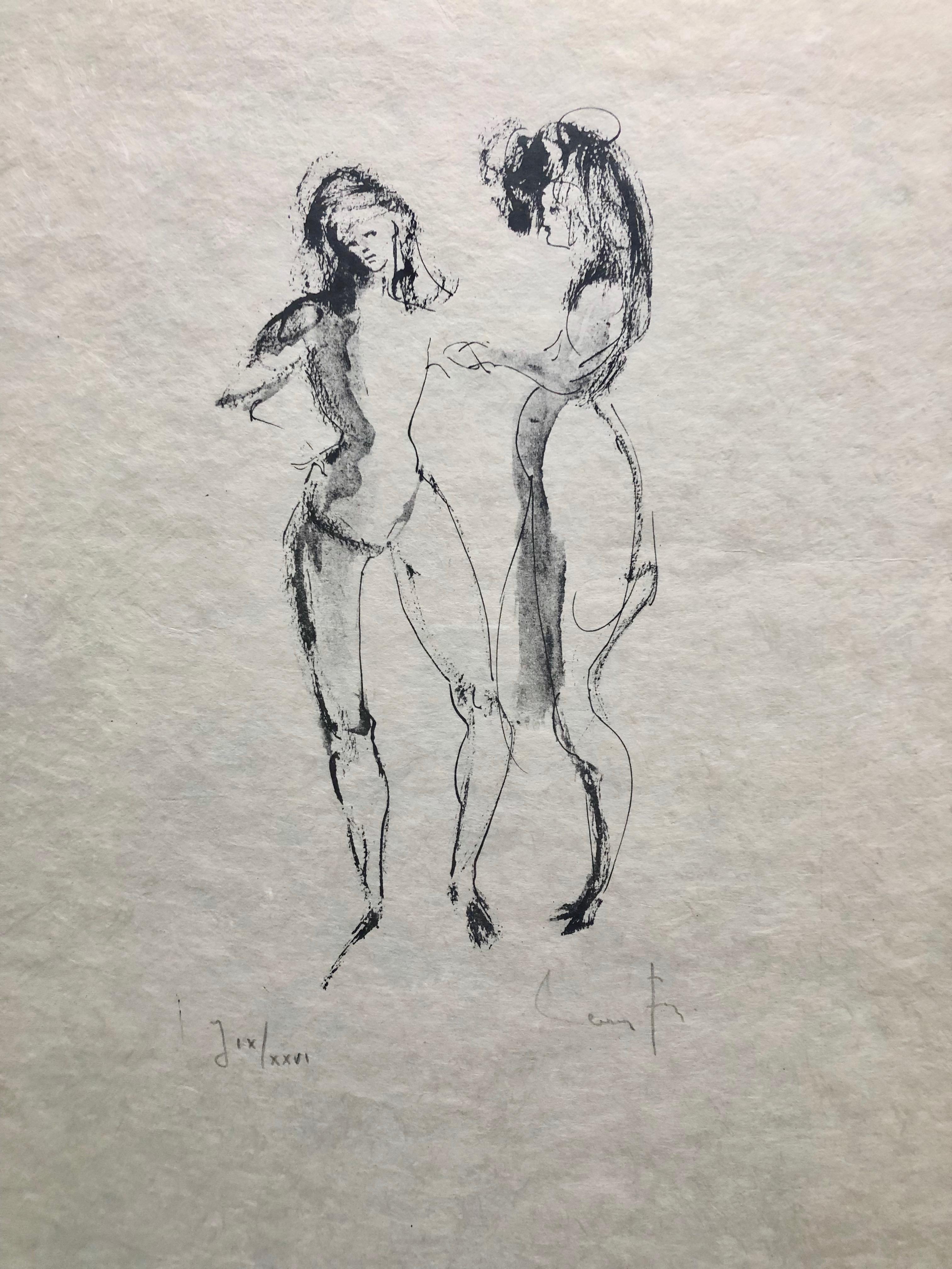 This is a lovely framed, signed etching by artist Leonor Fini. The subject is of two naked women talking. It is in a complimentary black frame size 26.75 x 20.4 inches. Leonor Fini (1907- 1996) is considered one of the most important women artists