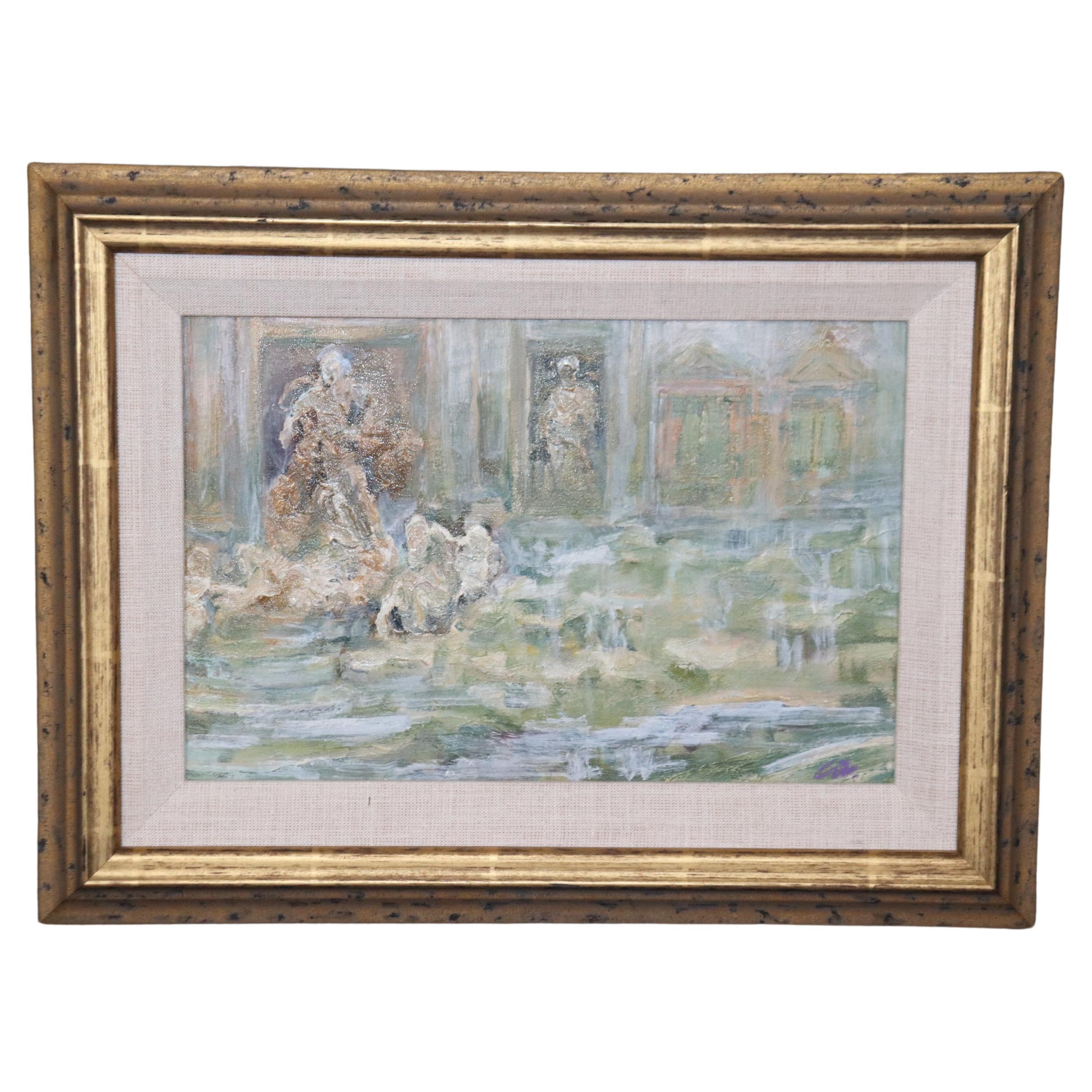 Framed Signed Italian Luigi Civechia Painting of Trevi Fountan For Sale