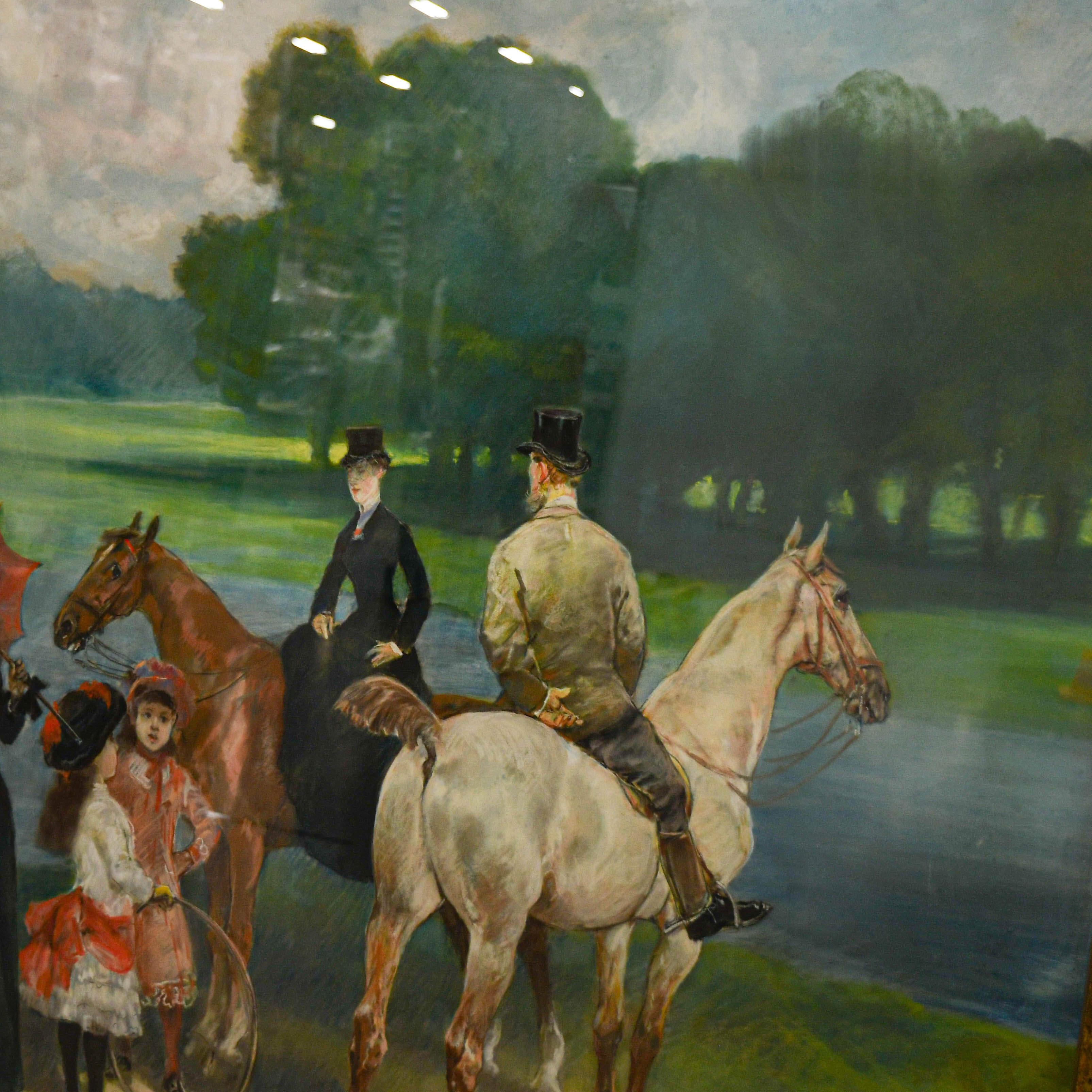 This captivating artwork, Framed Signed John Louis Brown (1829-1890) Autour du Lac Oil on Board, presents a refined lakeside scene brimming with elegance and charm. The composition features finely dressed figures and their horses pausing along a
