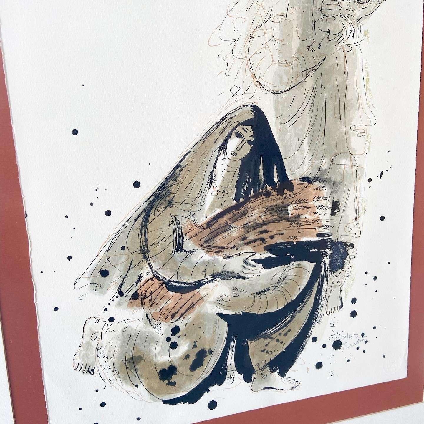Gerahmte signierte Lithographie „ Two Women and a Child“ von Reuven Rubin (Metall) im Angebot