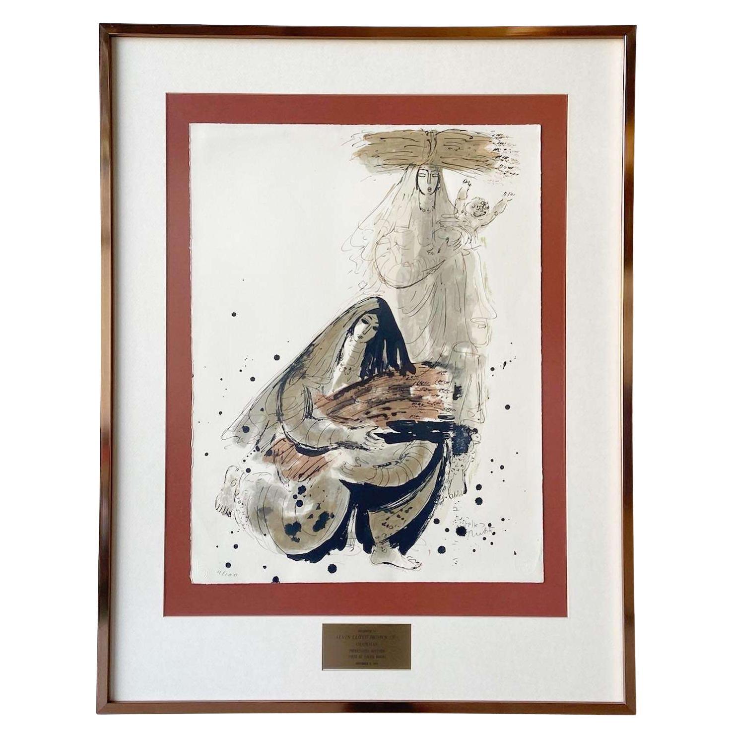 Litografia firmata e incorniciata "Two Women and a Child" di Reuven Rubin