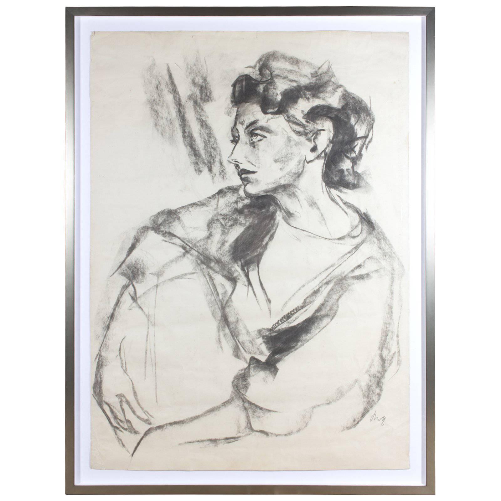 Framed Signed Midcentury Charcoal Sketch Found in Paris