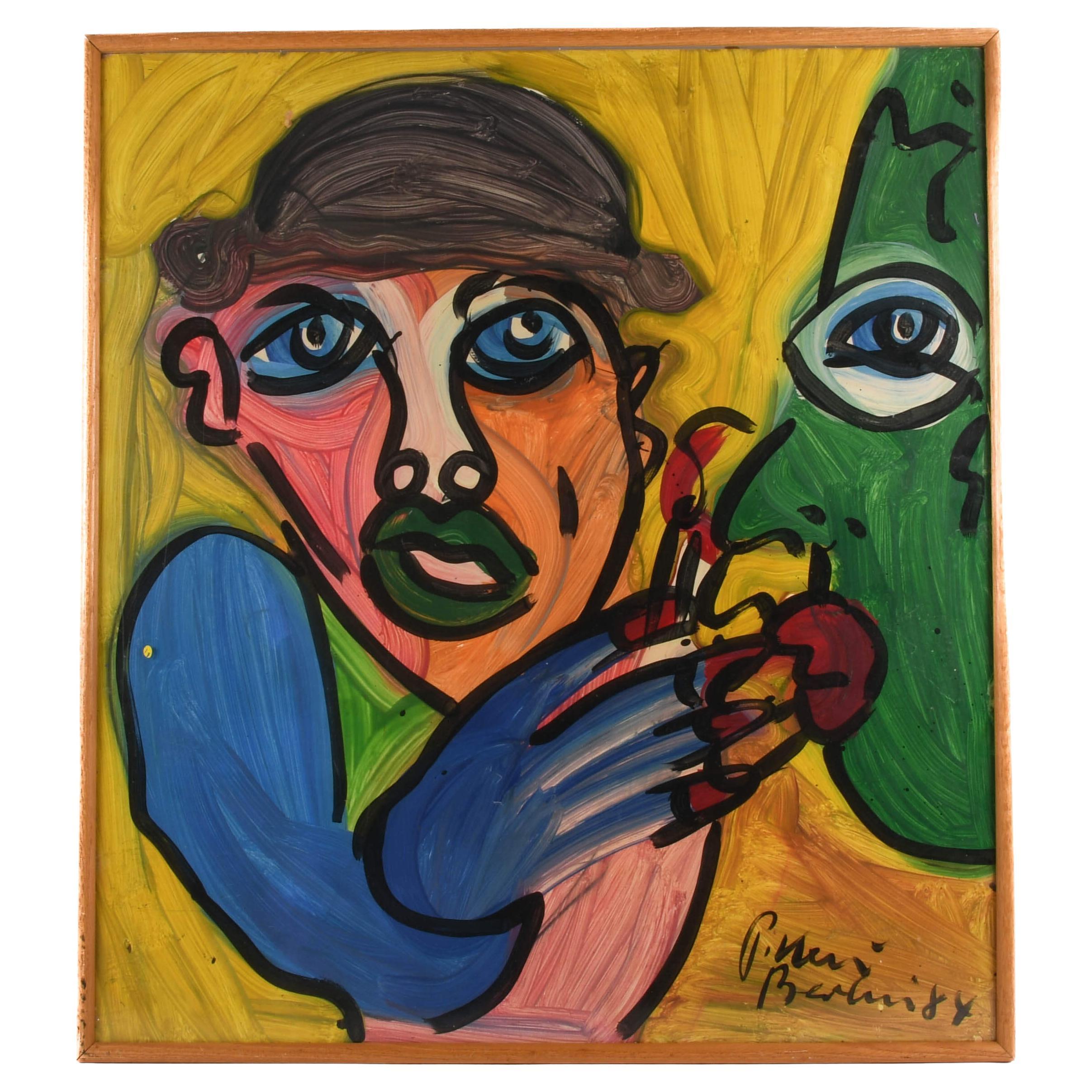 Framed Signed Peter Keil "The Green Confidant" Mixed Media on Masonite For Sale