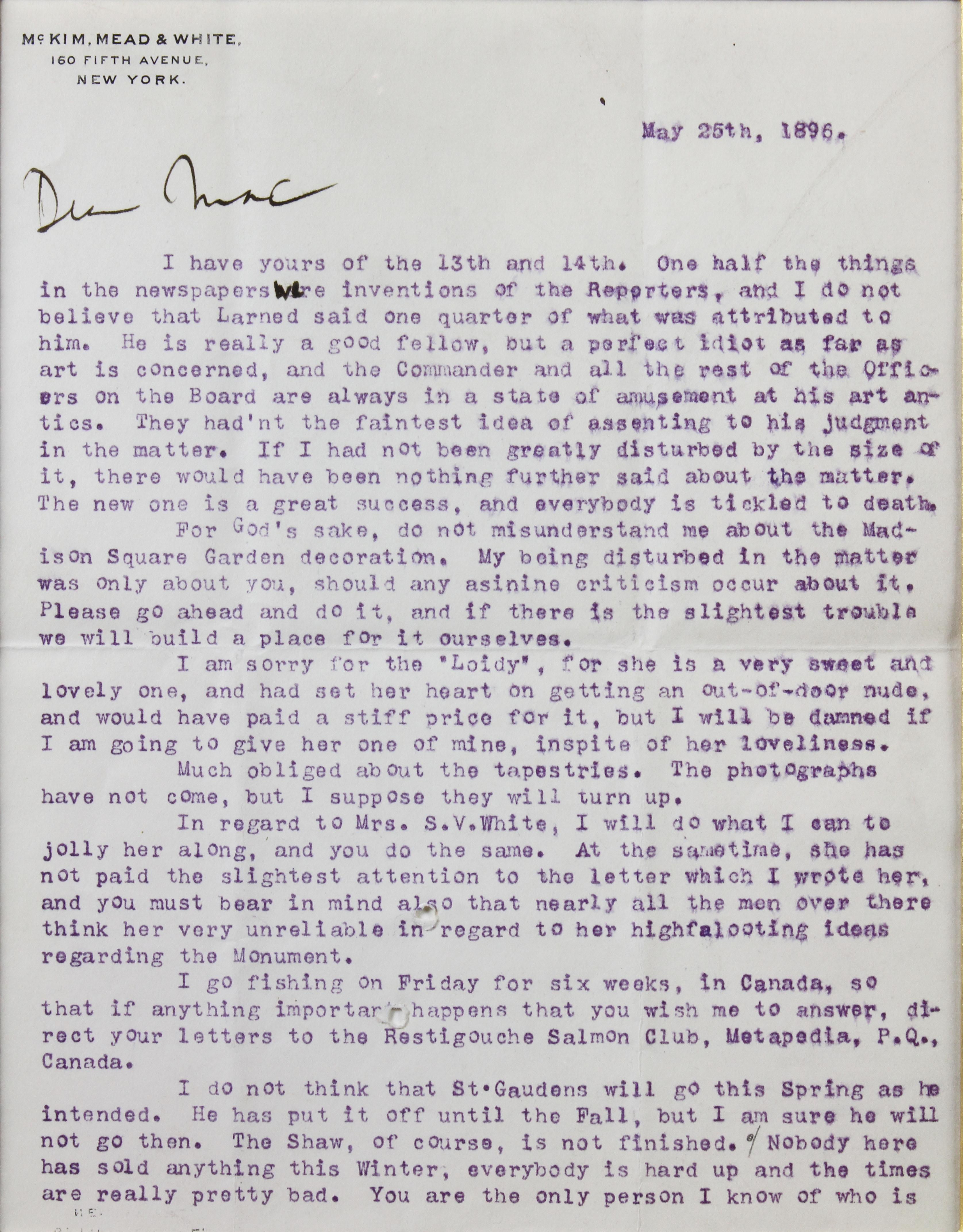 Discusses the replacement of the larger Diana sculpture by St Gaudens for a smaller version on Madison Square Garden roof peek. Personal letter mentions his wife's fall off her bicycle and injury. Mead McKim and white stationary. Frederick