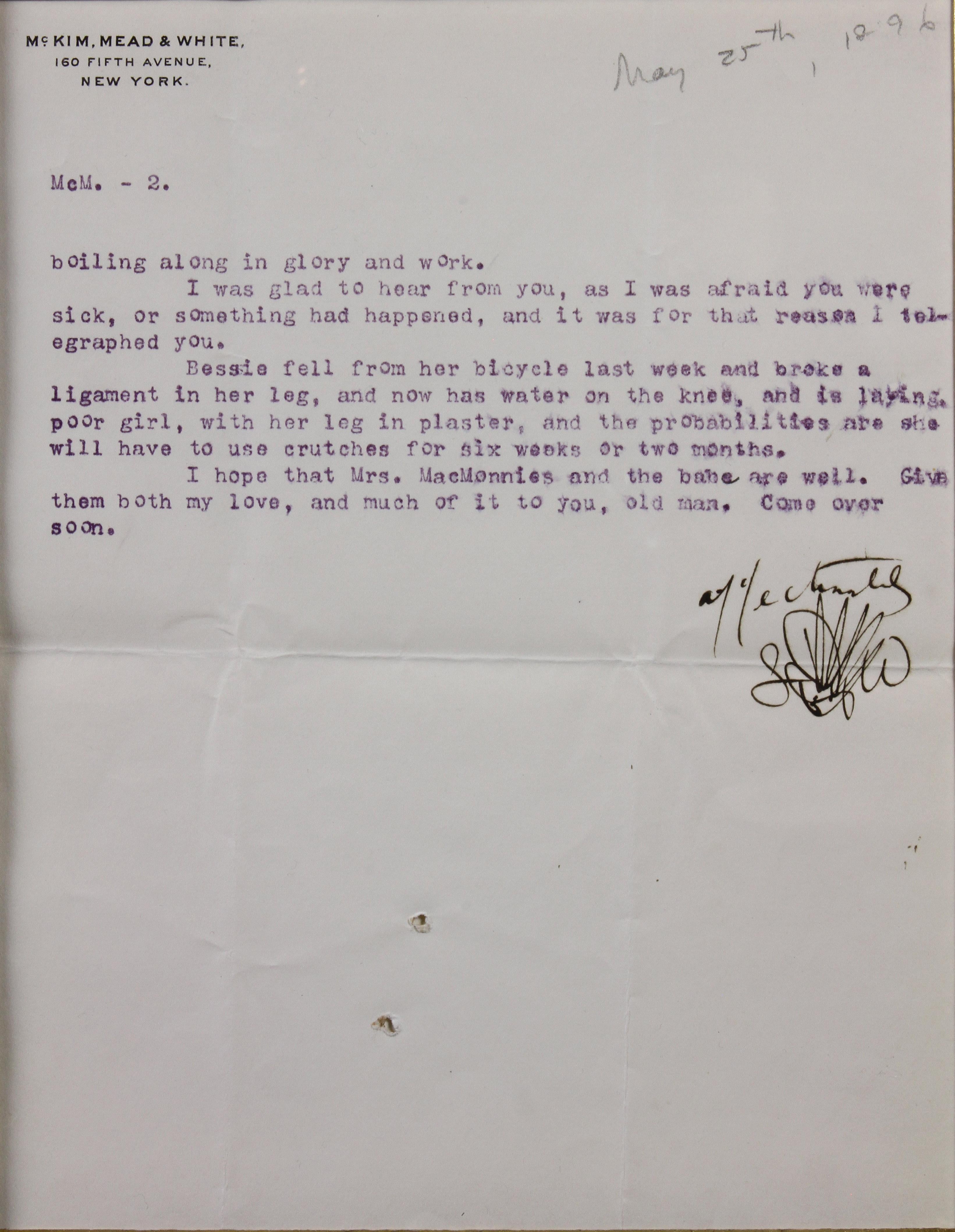American Framed Signed Typed Letter from Stanford White to Frederick MacMonnies