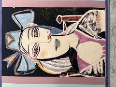 Framed Silk Scarf "Buste de Femme au chapeau bleu" after Pablo Picasso