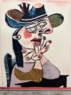 Framed Silk Scarf "Femme Accoudé en Robe Mauve et au Chapeau after Pablo Picasso