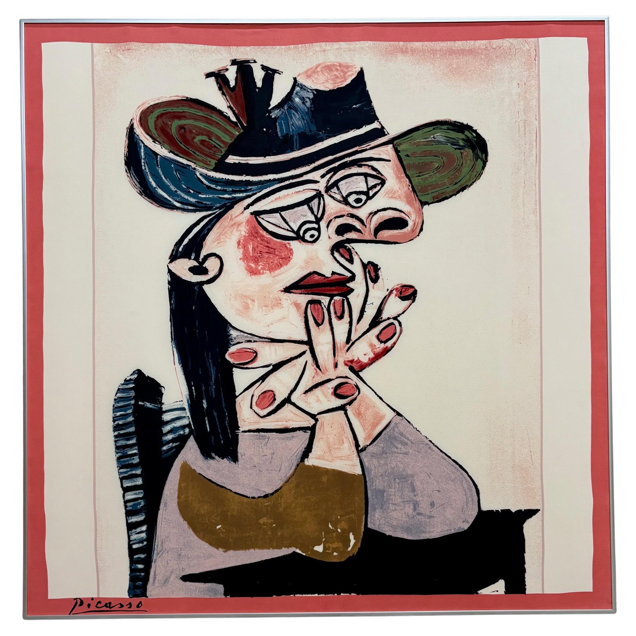 Foulard en soie encadré "Femme Accoudé en Robe Mauve et au Chapeau (after Pablo Picasso)