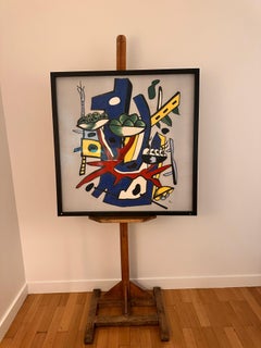 Framed Silk Screen Print on Silk, After Fernand Léger, Mid-Century Modern Compos