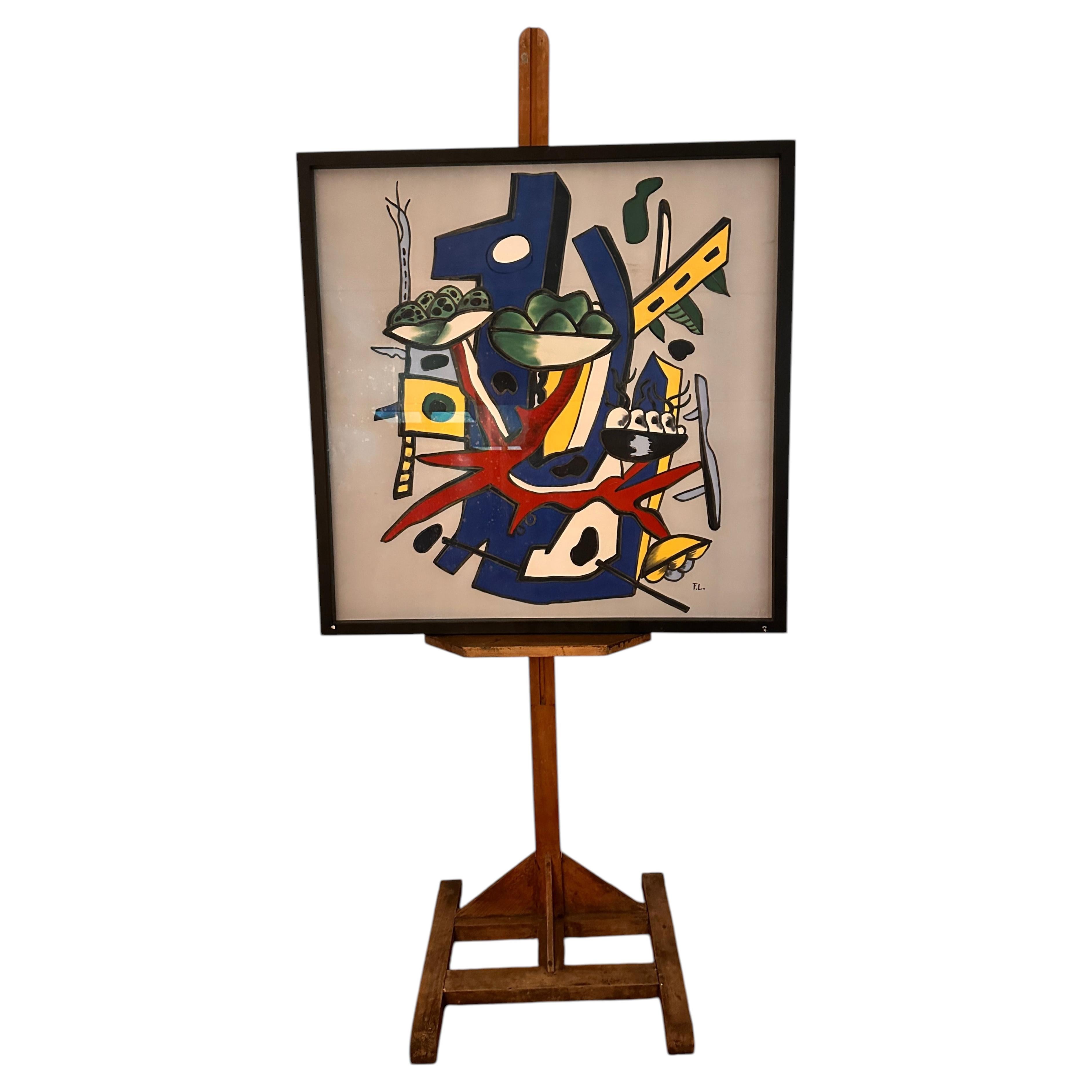 Framed Silk Screen Print on Silk, After Fernand Léger, Mid-Century Modern Compos