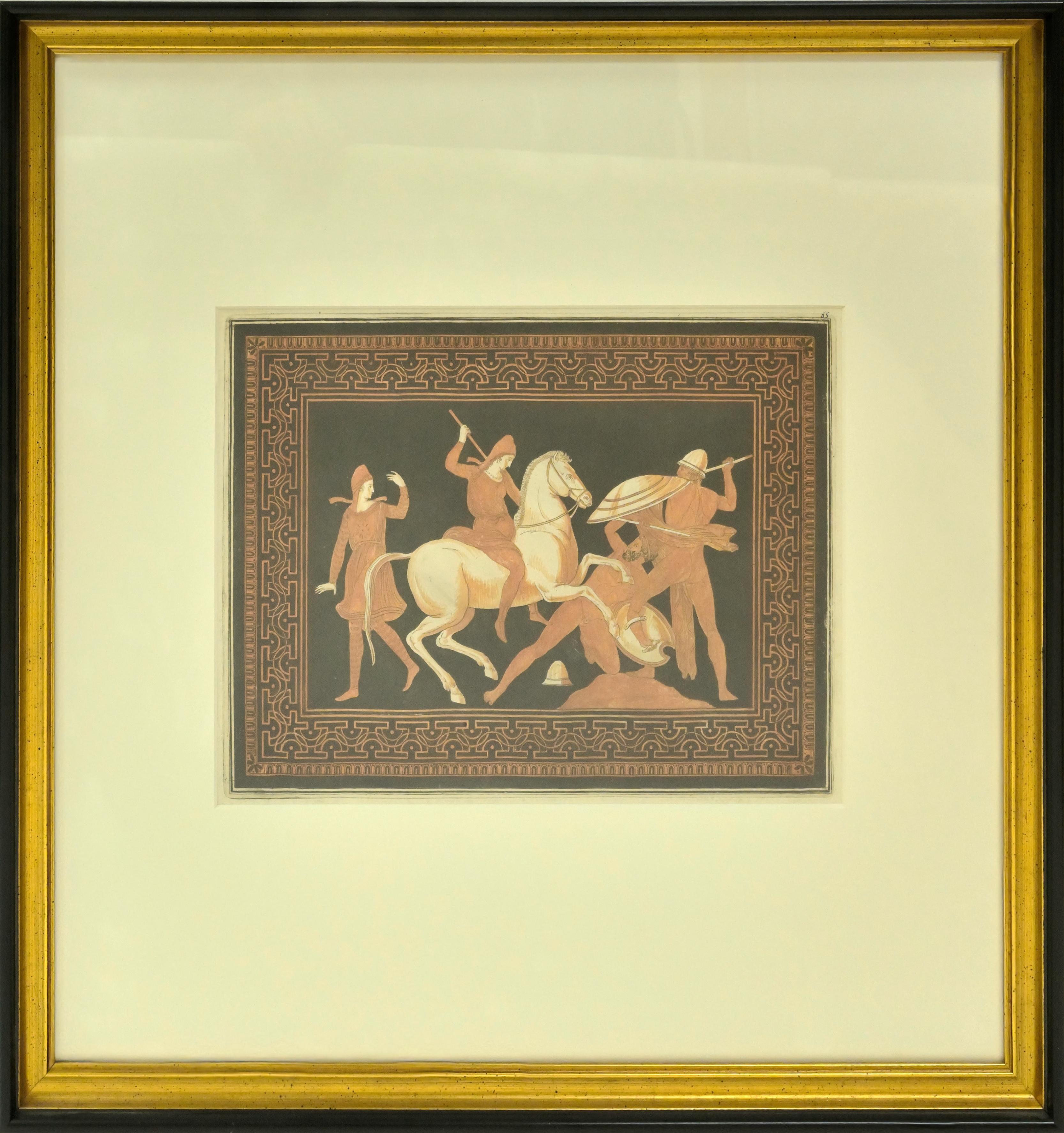 Gravures coloriées à la main, extraites des Antiquités Etrusques, Grecques et Romaines de l'in-folio de Lord Hamilton (1766-1776). La collection de vases anciens d'Hamilton a été rassemblée par lui après sa nomination à la cour de Naples en 1764, a