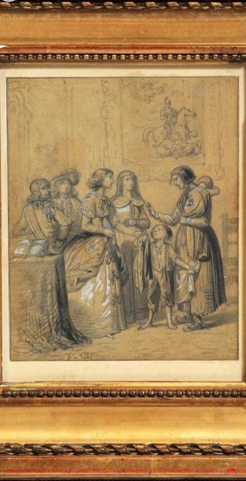 Framed Sketch, Drawing ‘L’aumône’ 'Almsgiving' 19th French School In Good Condition For Sale In Beuzevillette, FR