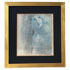 Vintage Framed Sketch, Female Portrait, by Julio Borrell Pla (Spanish, 1877 - 1957)