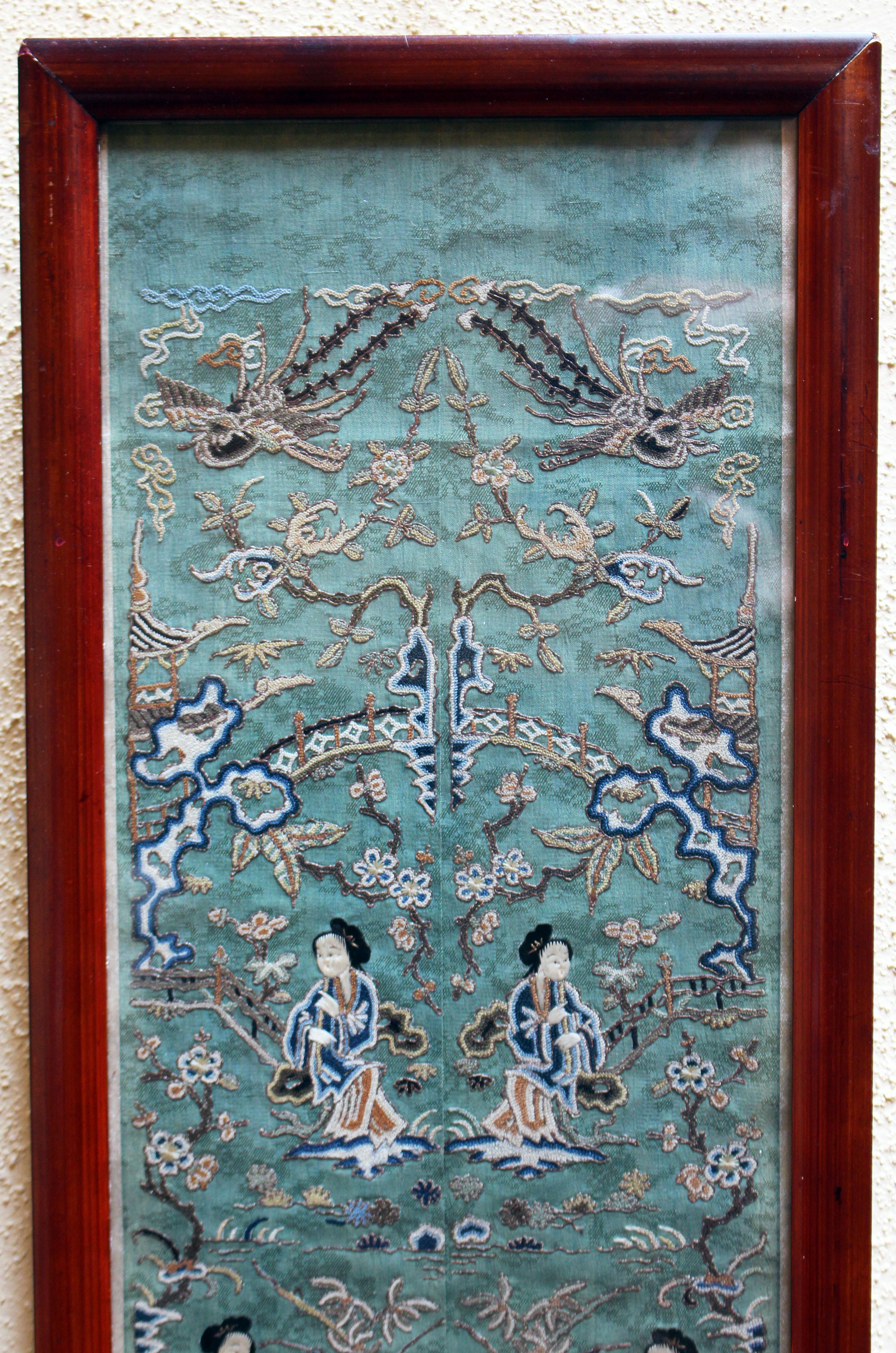 Asian Framed Sleeve Panel of Silk Embroidery For Sale