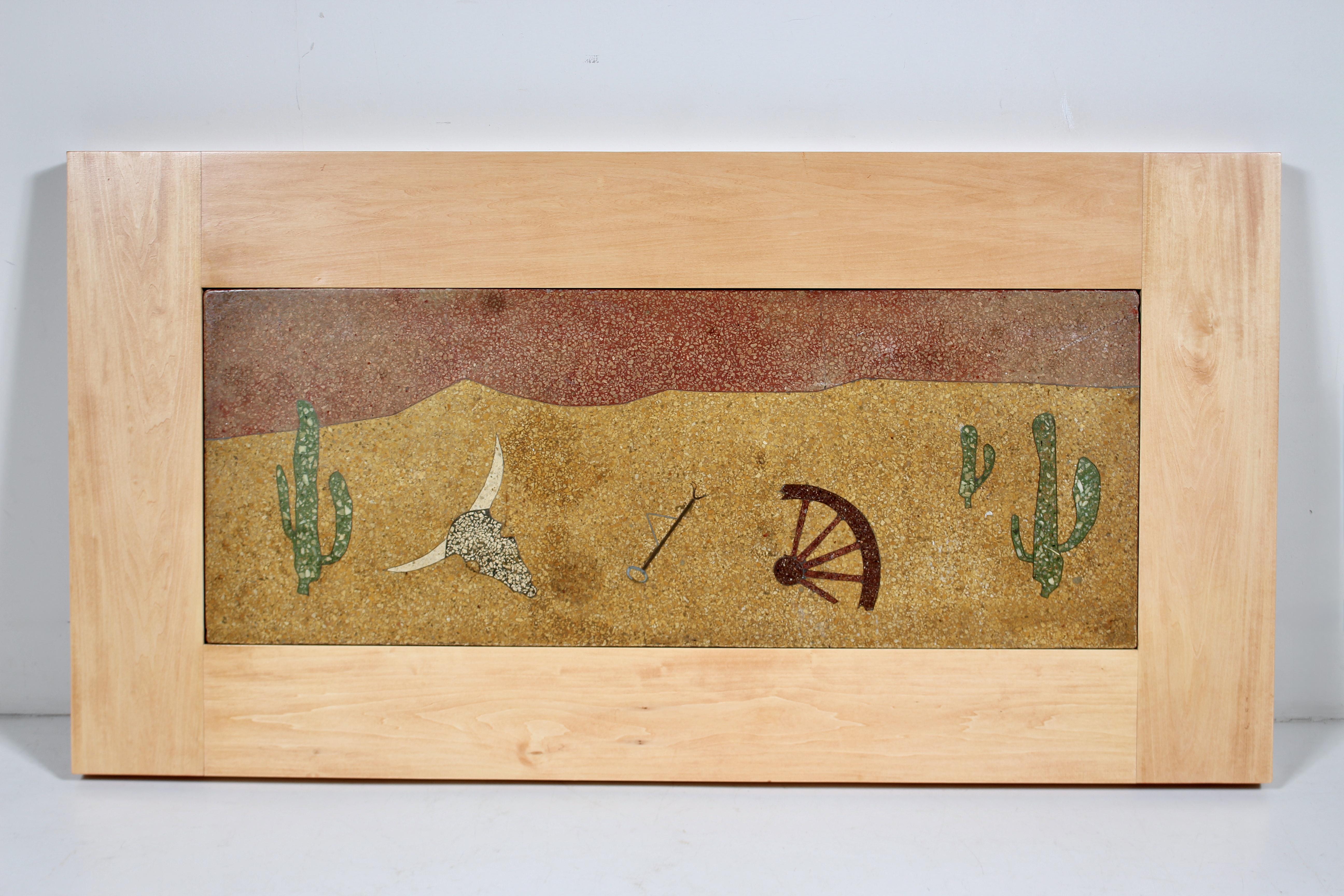 Early 20th C. Brass Lined Terrazzo Tile Surreal Southwestern Wall Art.  Featuring a rectangular custom made solid Maple (cleat mount) lap joint 6