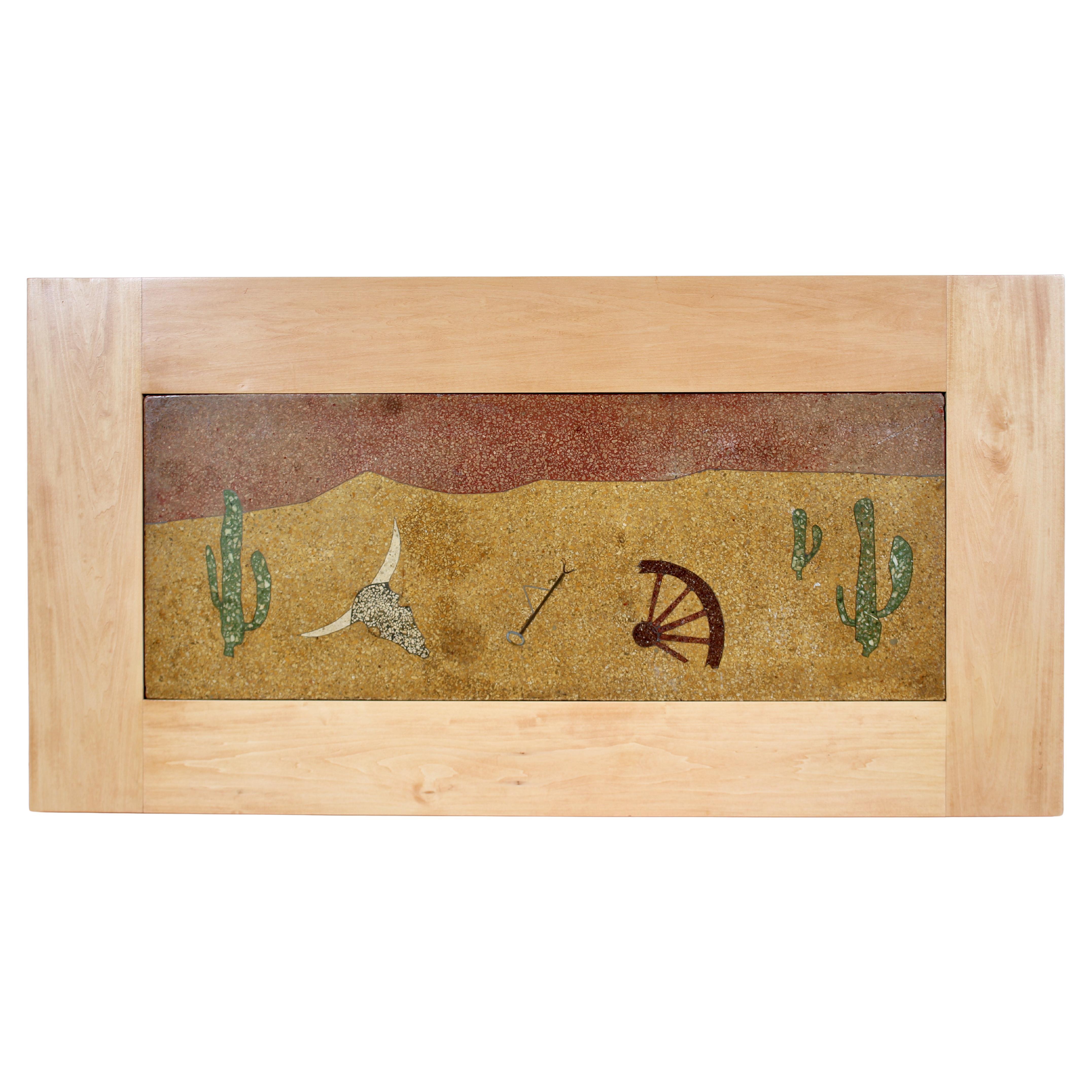Framed Solid Terrazzo Tile & Brass Southwestern Landscape Wall Hanging, 1930s