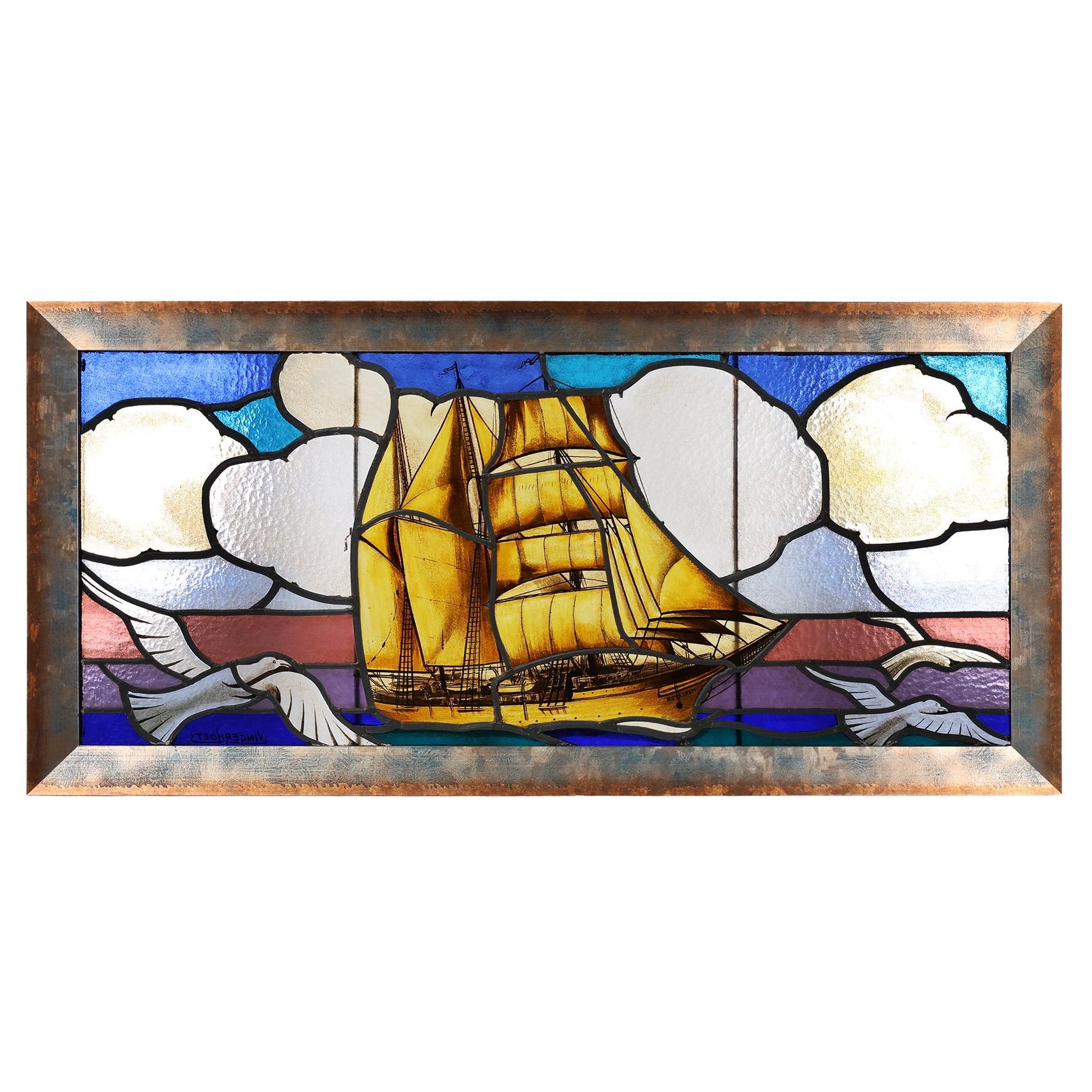Framed stained glass window by Leo Vingerhoets, Belgium 1950s