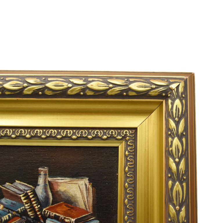American Classical Framed Still Life Book Painting on Canvas in Gilt Frame with Stand For Sale
