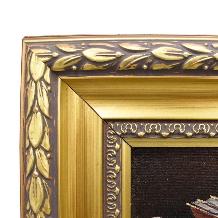 Framed Still Life Book Painting on Canvas in Gilt Frame with Stand For