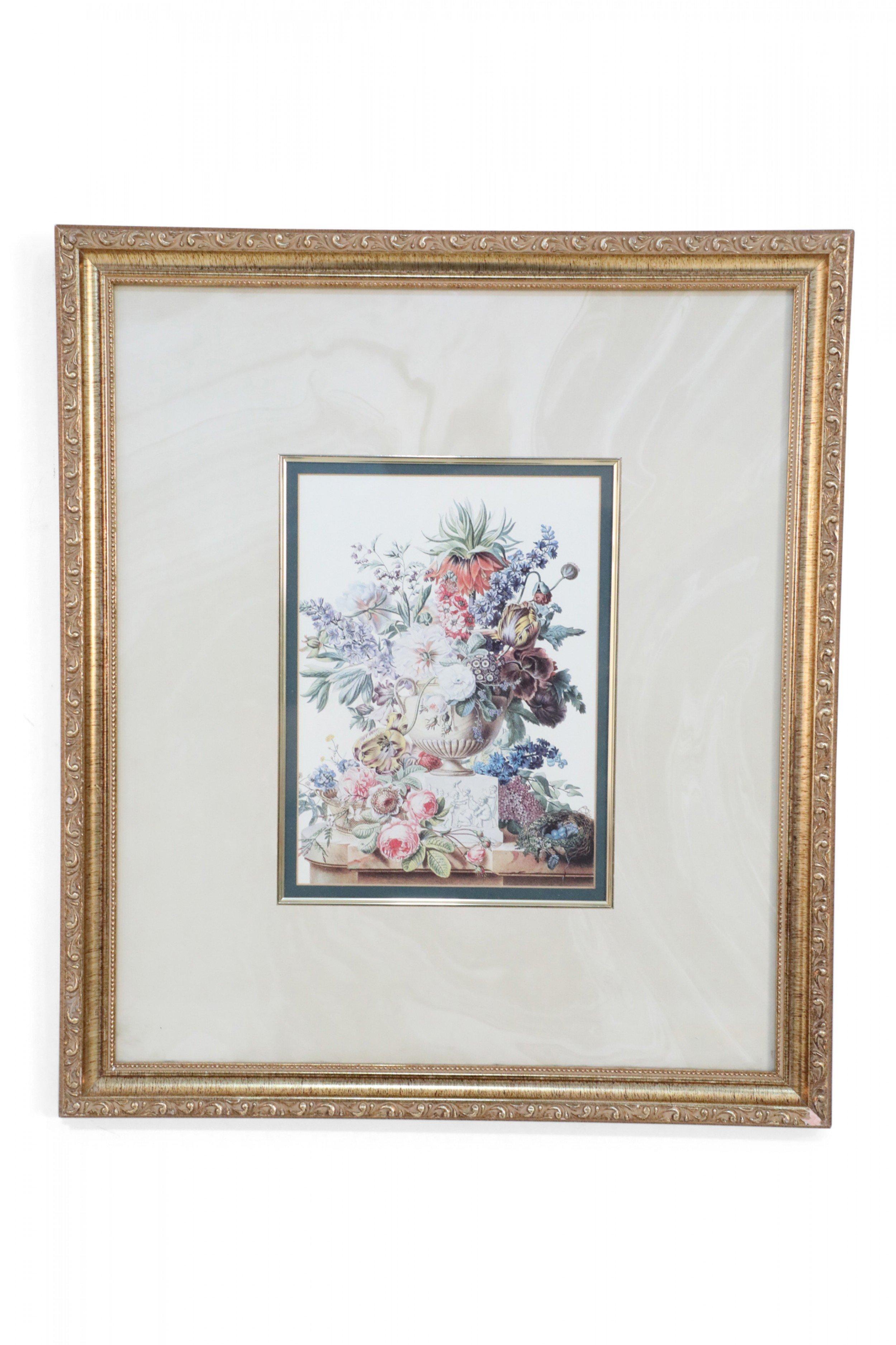 Glass Framed Still Life Illustration of a White Marble Urn of Flowers and Bird's Nest For Sale