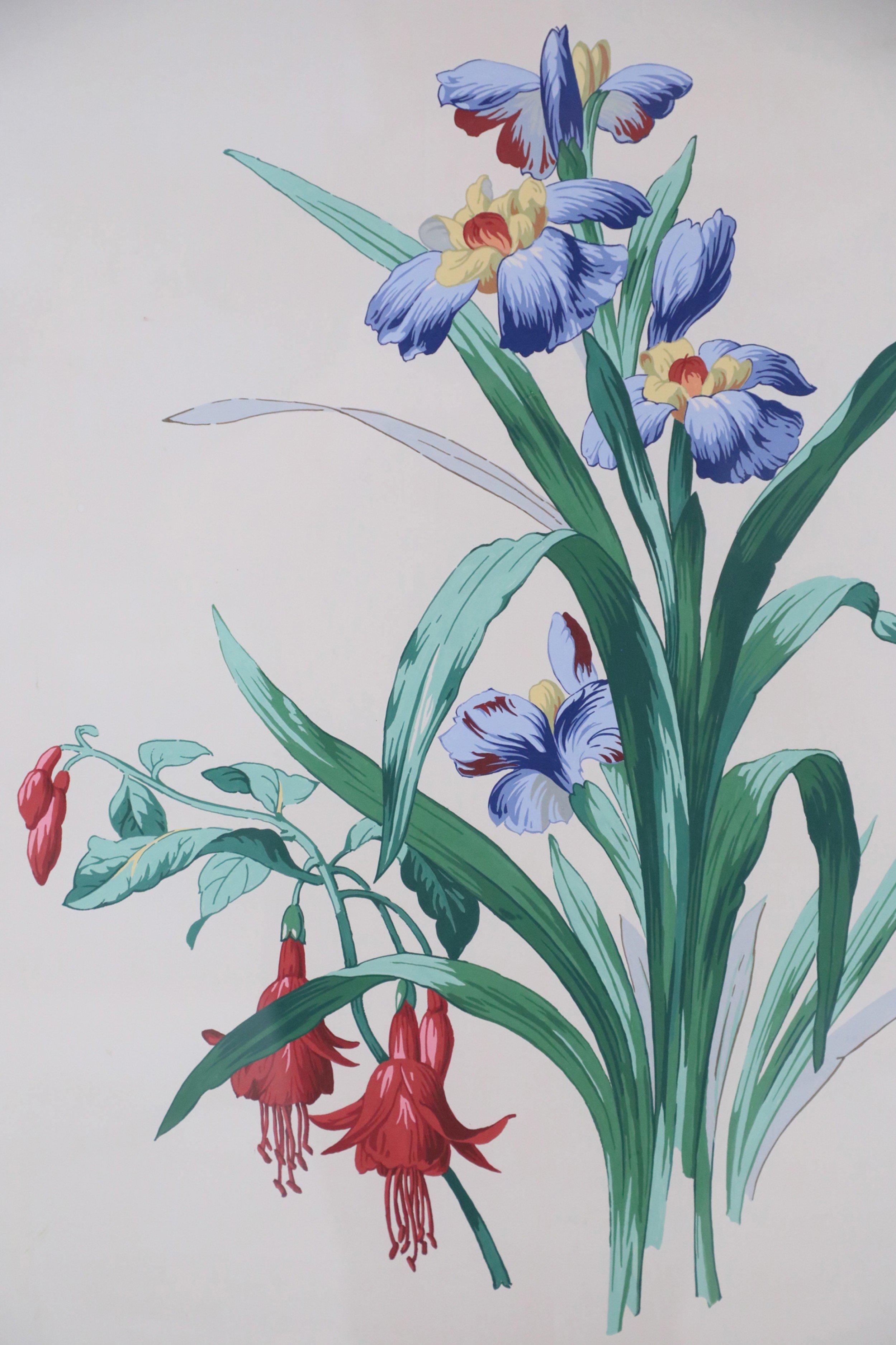 Mid-Century illustration / watercolor of a bouquet of blue and yellow irises in a burgundy and light blue double mat and a rectangular giltwood frame.
 