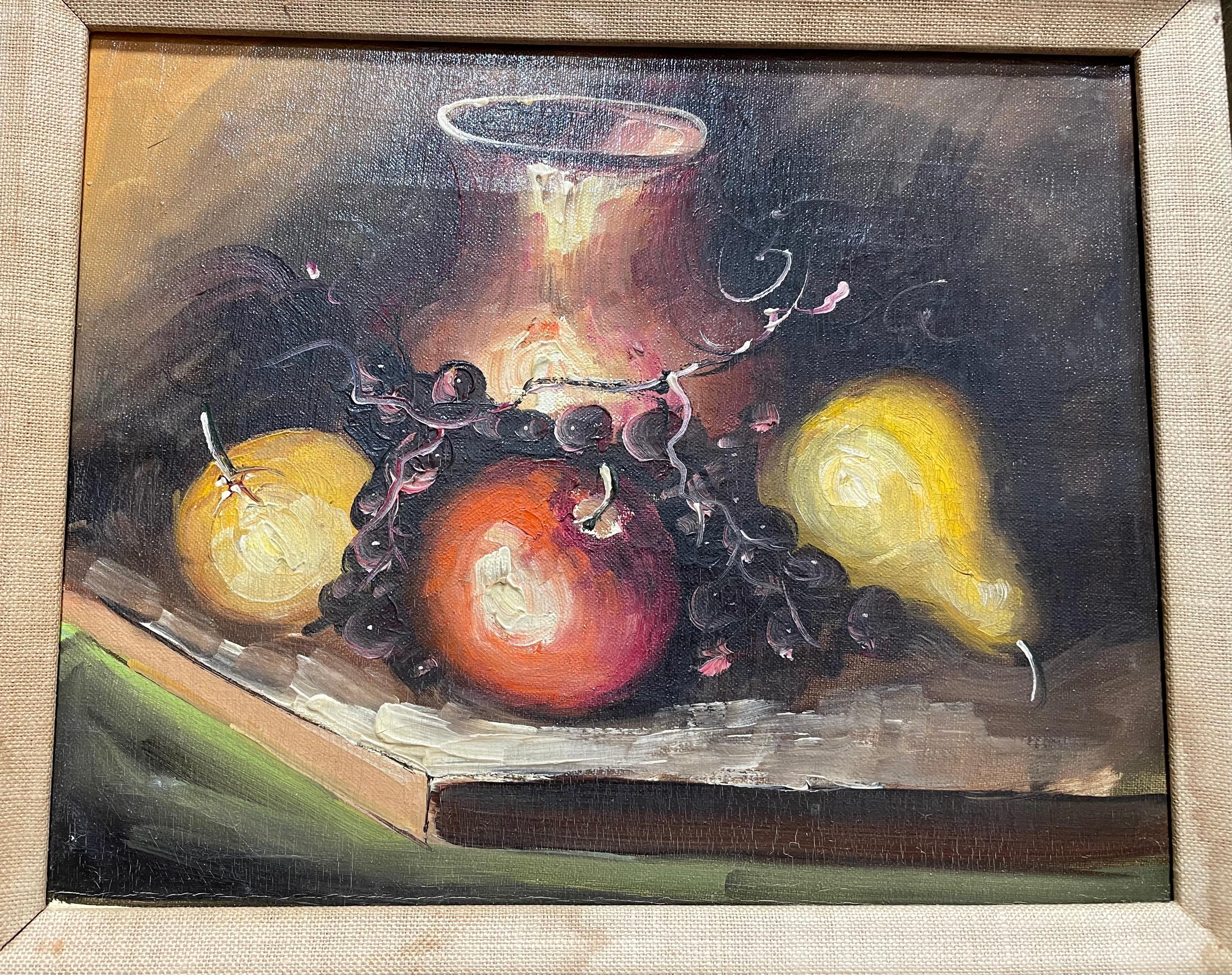 Vintage framed Still Life Oil Painting of Fruit with Pitcher. Framed in a lovely wooden frame. Ready to hang with wire along the back. 

French, circa 1920.

Size of frame: 16 x 18 inches; 2