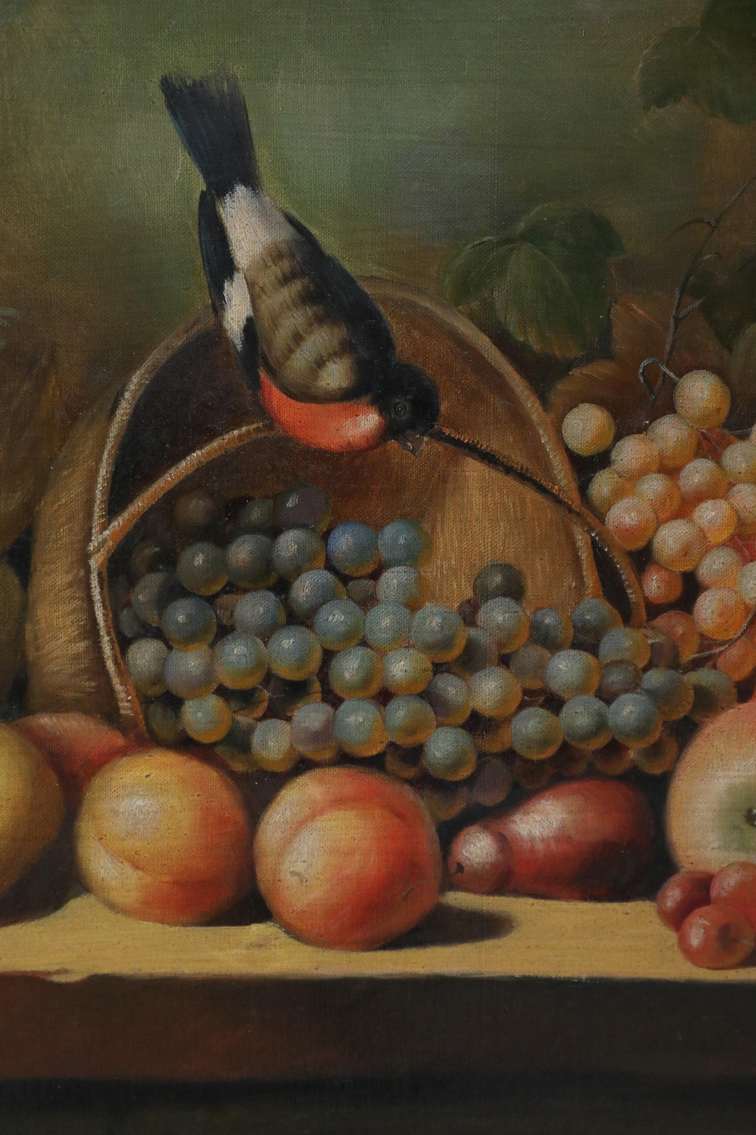 Framed Still Life Oil Painting of a Bounty of Grapes and Fruit with a Perching R For Sale 3