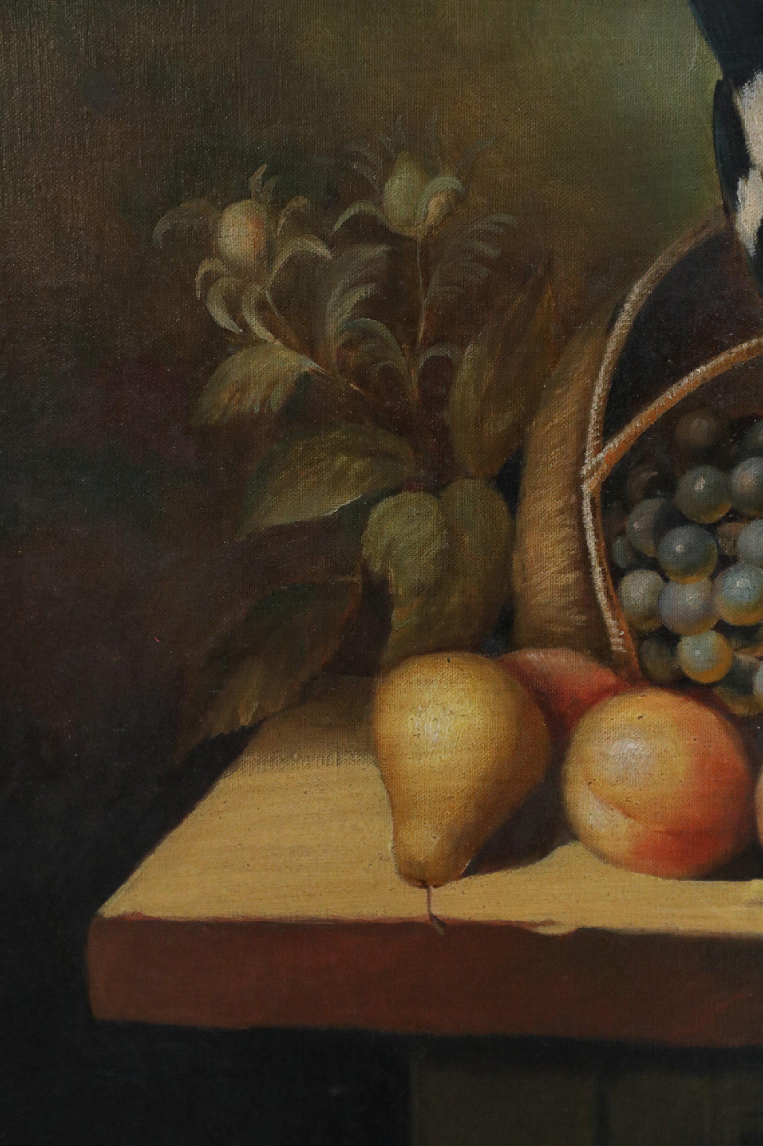 Mid-Century Modern Framed Still Life Oil Painting of a Bounty of Grapes and Fruit with a Perching R For Sale