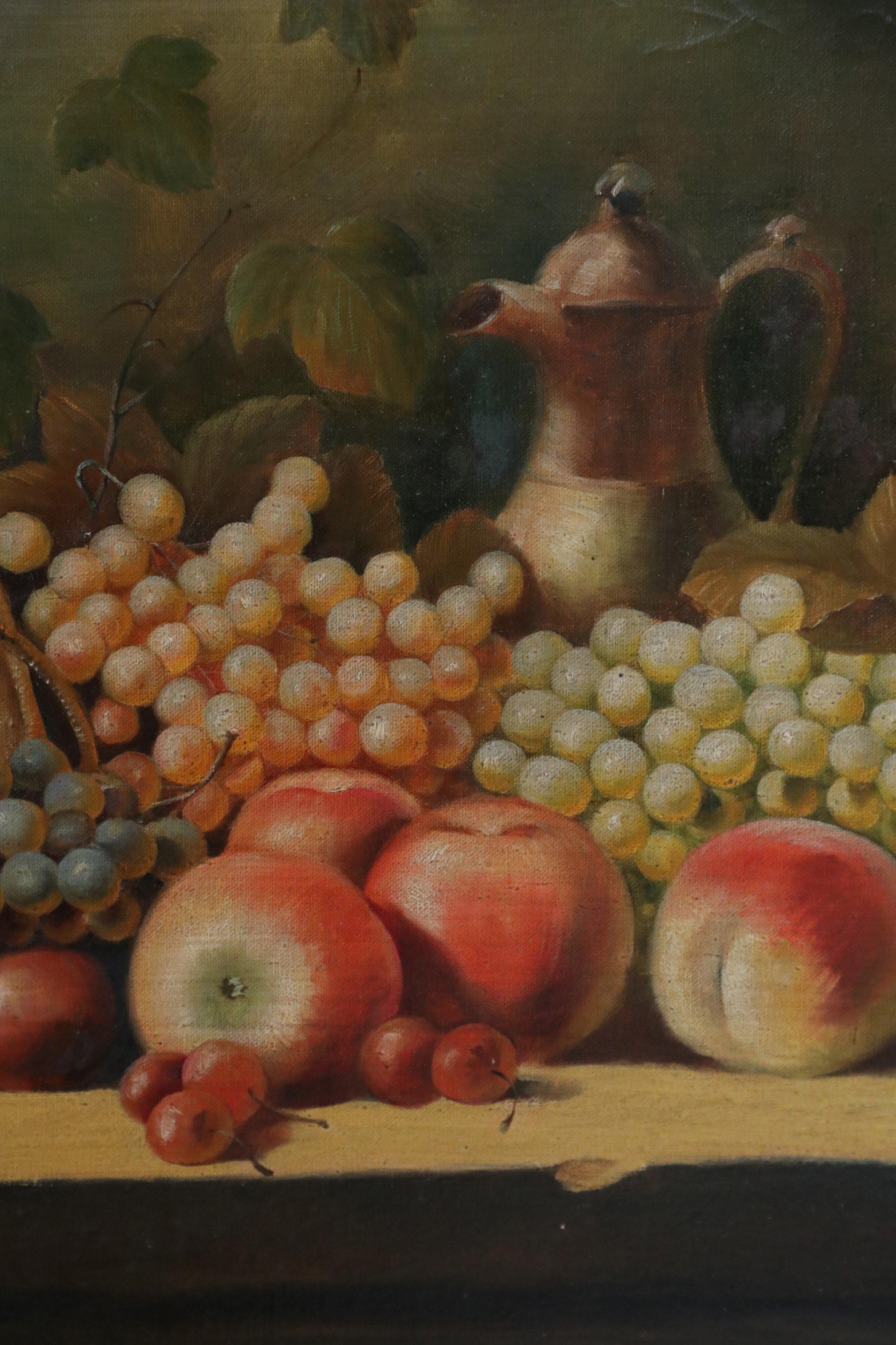 Carved Framed Still Life Oil Painting of a Bounty of Grapes and Fruit with a Perching R For Sale