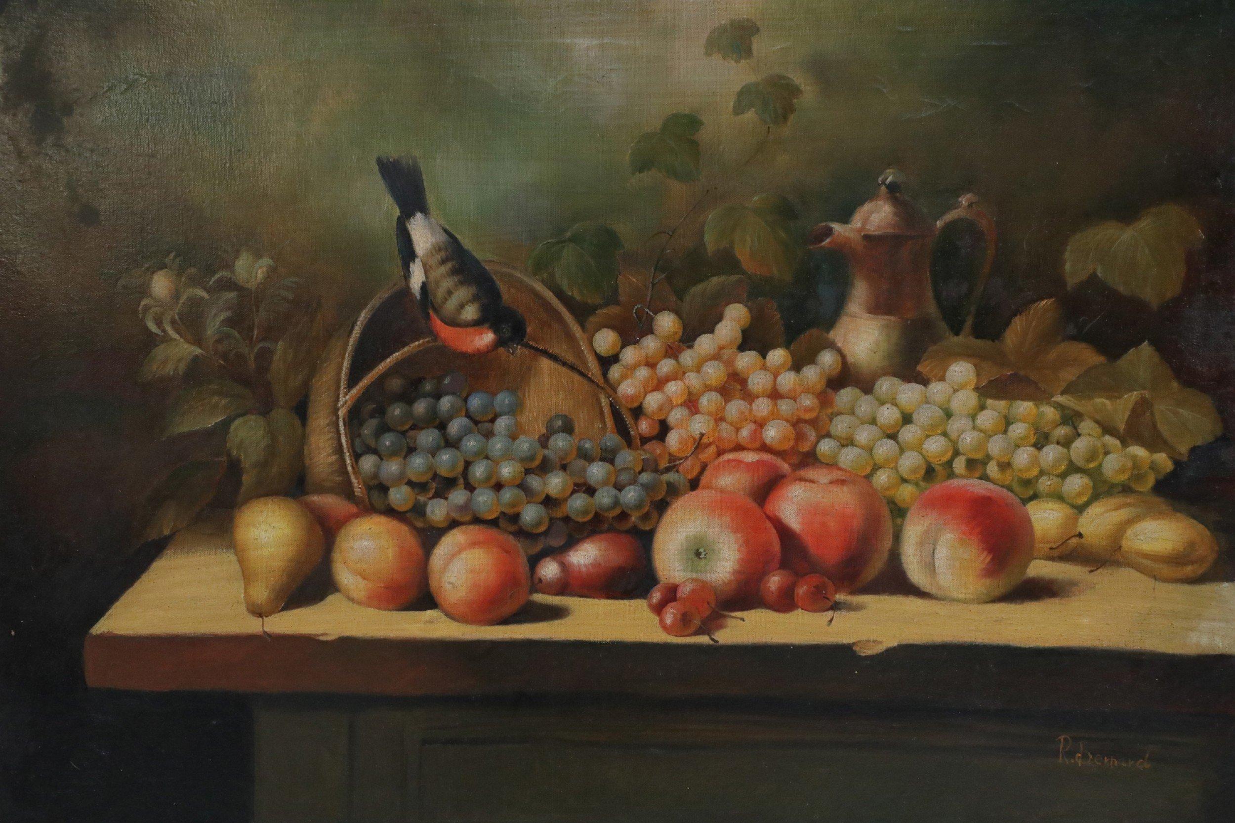 20th Century Framed Still Life Oil Painting of a Bounty of Grapes and Fruit with a Perching R For Sale
